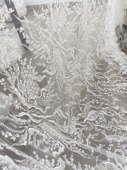 Beaded Lace Fabric, Embroidered Tulle with Pearls and Beads,Wedding Dress Fabric