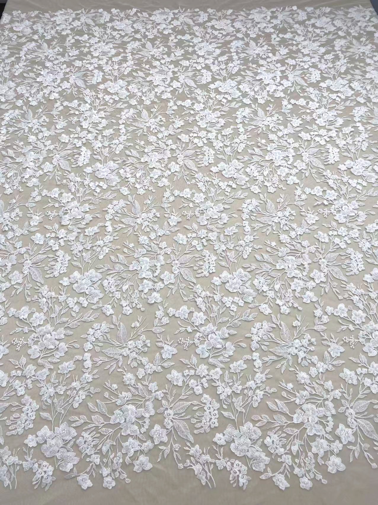 Ivory Floral Embroidery Lace Fabric by yard, Bridal Dress Lace tulle for DIY sewing, Designer Dressmaking Supplies