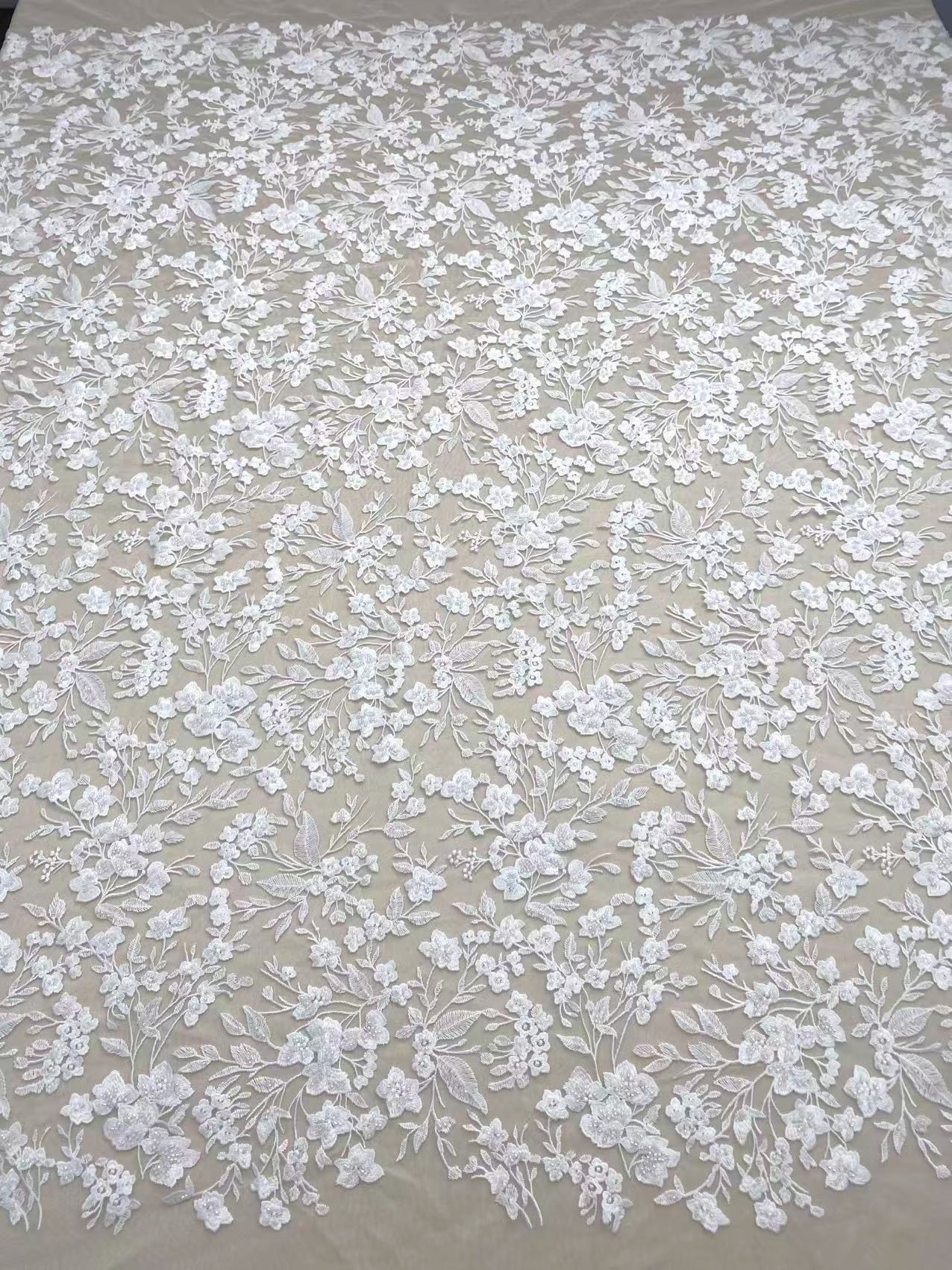 Ivory Floral Embroidery Lace Fabric by yard, Bridal Dress Lace tulle for DIY sewing, Designer Dressmaking Supplies