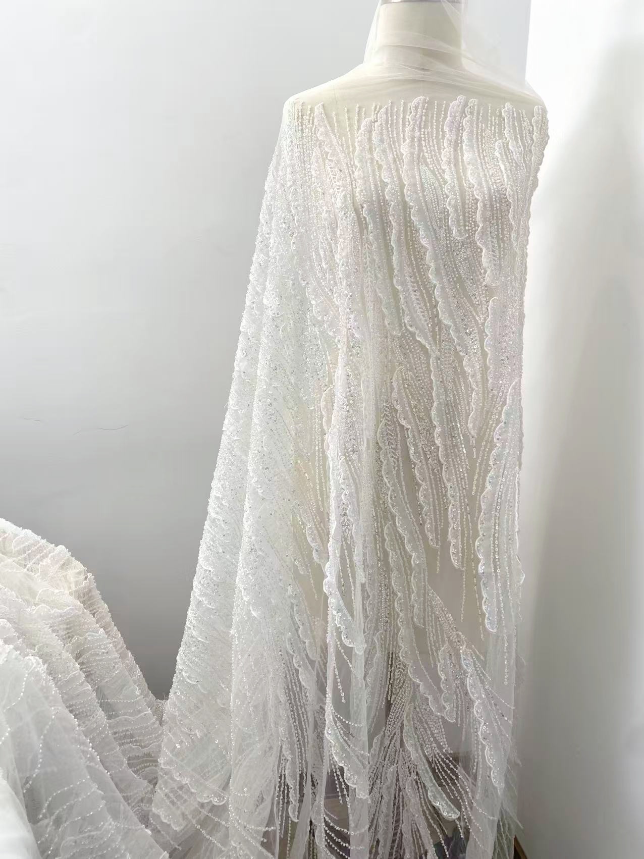 Ivory lace fabric with 3D Ruffle, Soft Tulle Mesh Wave Design Lace,Embroidery tulle lace mesh for wedding dress, bridal gown, DIY costume