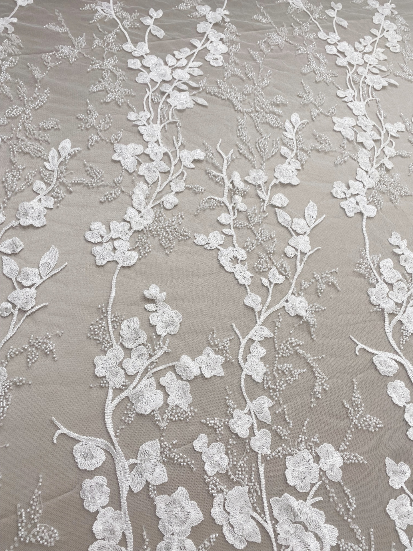 Ivory Beaded Flowers Embroidery Mesh Fabric with Sparkly Sequine Floral Tull Lace for Wedding, Bridal Dress, Veil, Bridal Fabric 