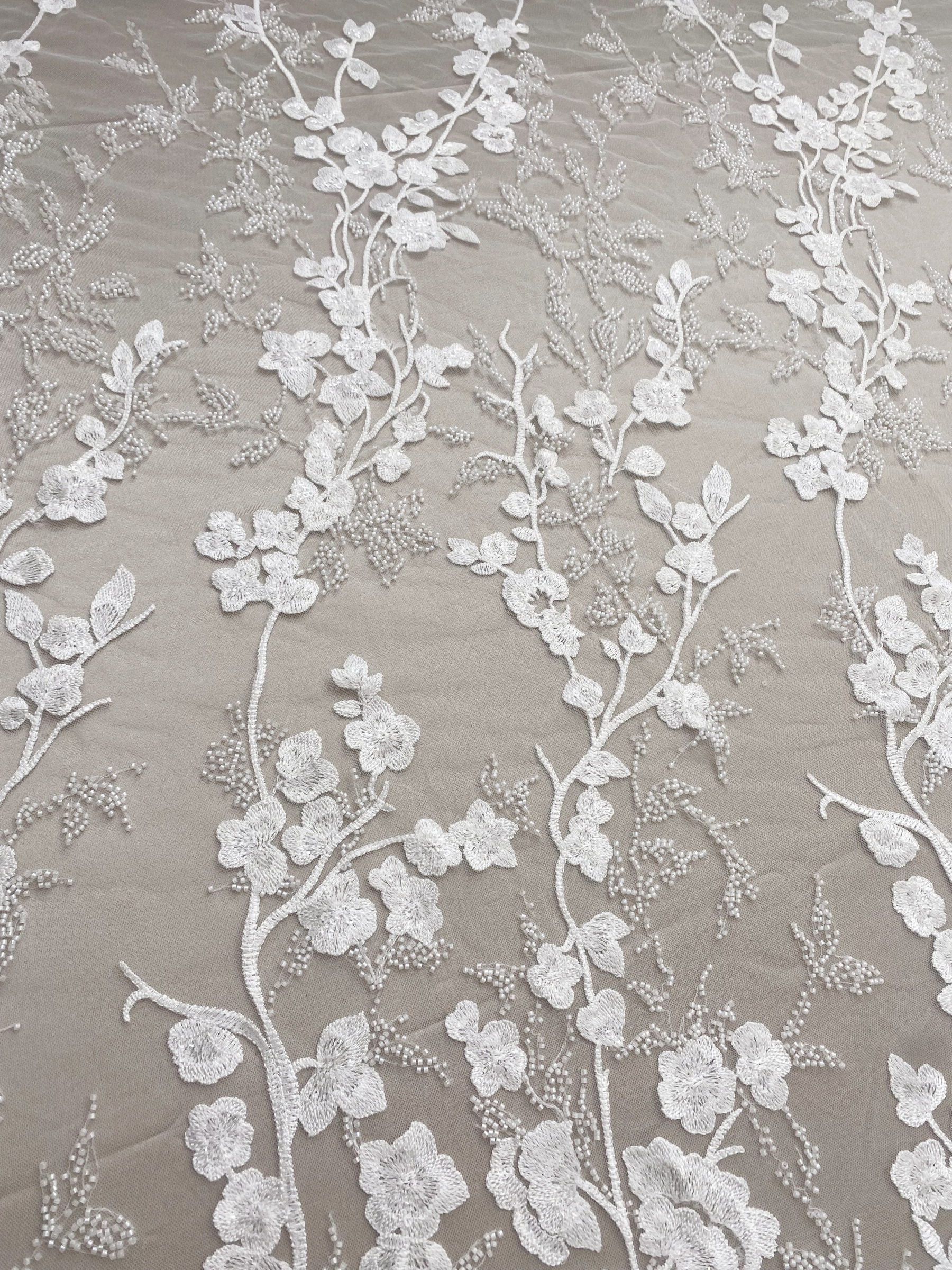 Ivory Beaded Flowers Embroidery Mesh Fabric with Sparkly Sequine Floral Tull Lace for Wedding, Bridal Dress, Veil, Bridal Fabric 