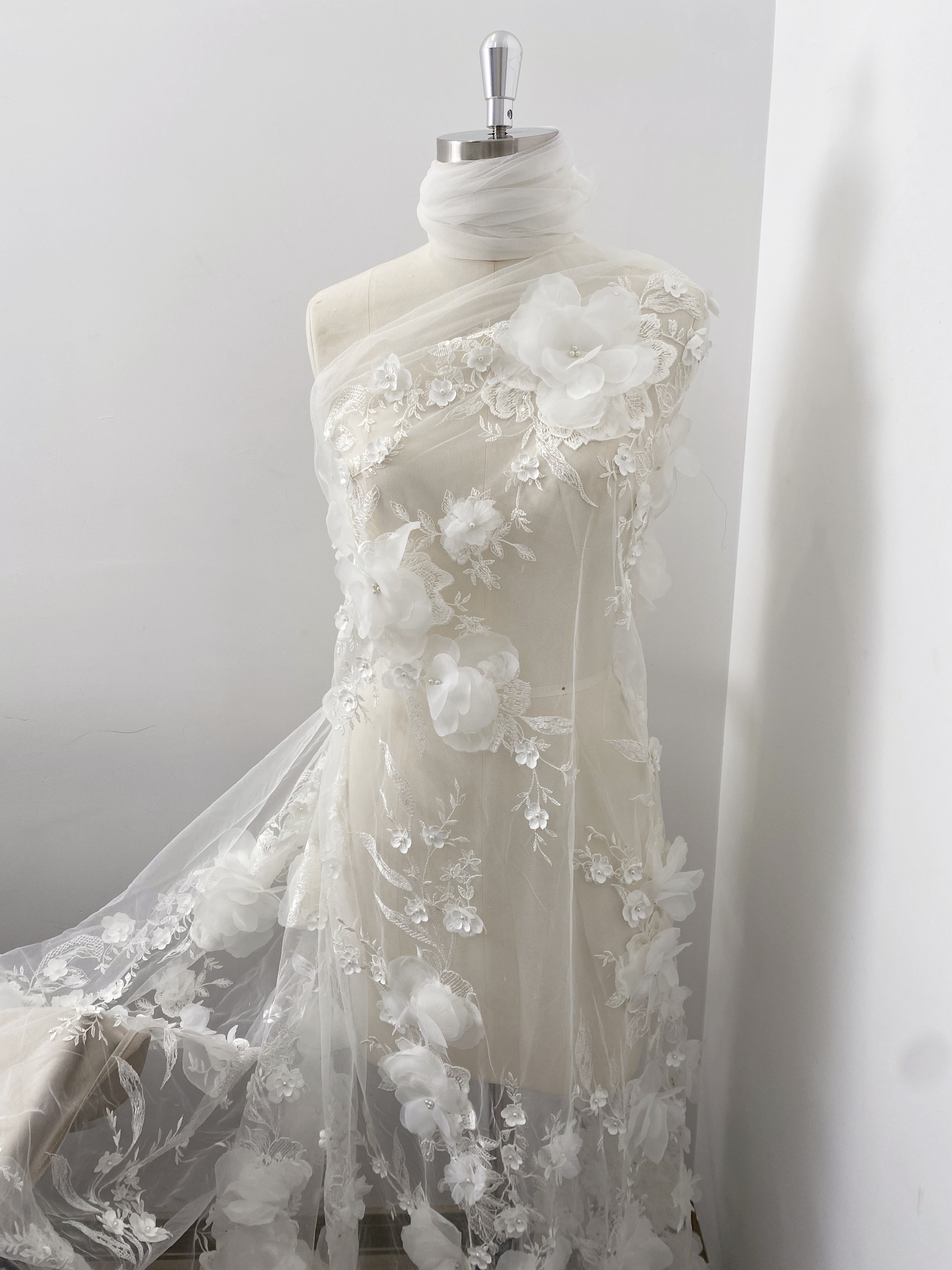 White 3D Floral Embroidery Lace Fabric With Pearls, Soft Tulle lace For Wedding gown, Evening Dresses, Prom-Dress By The Yard