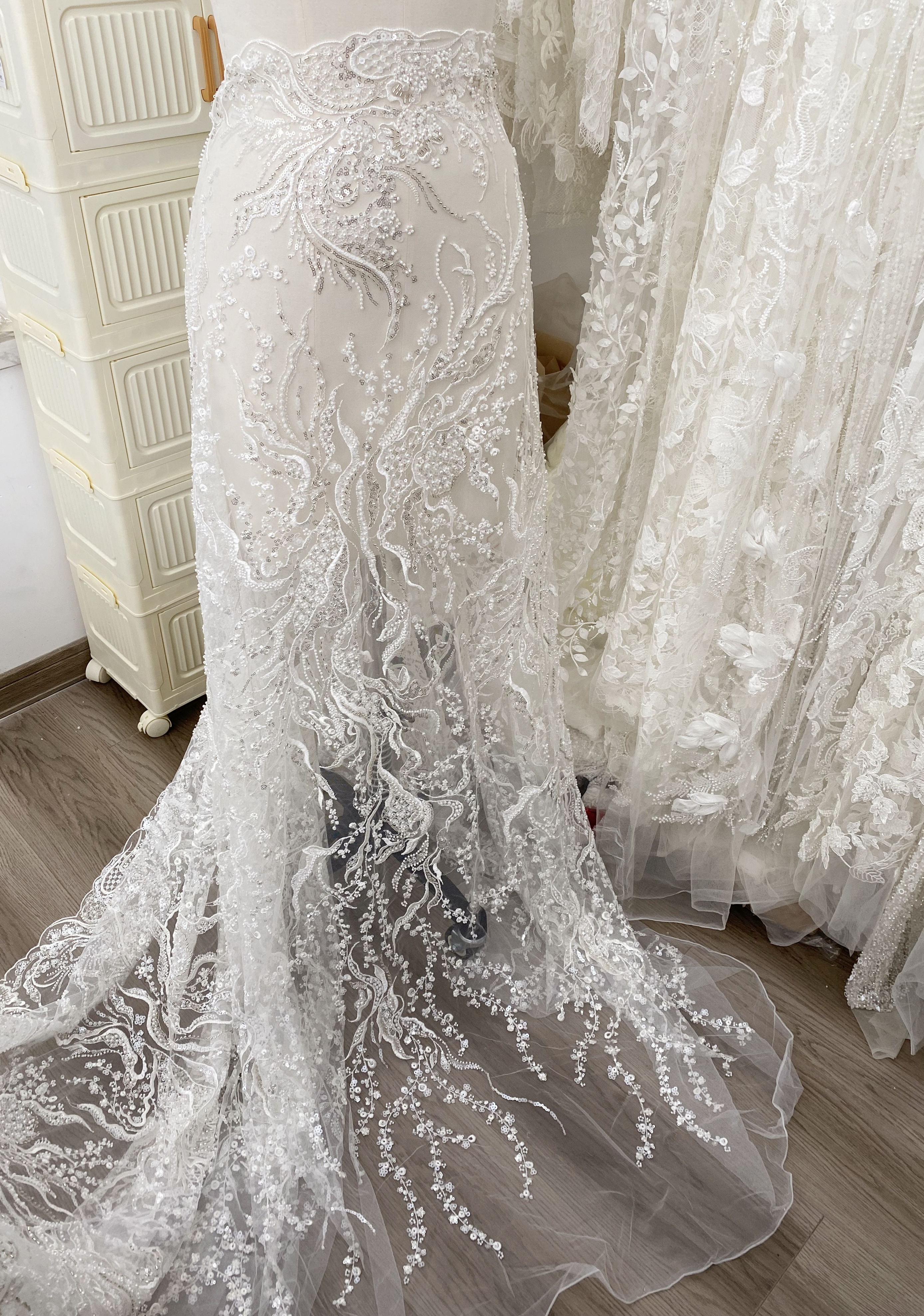 Beaded Lace Fabric, Embroidered Tulle with Pearls and Beads,Wedding Dress Fabric