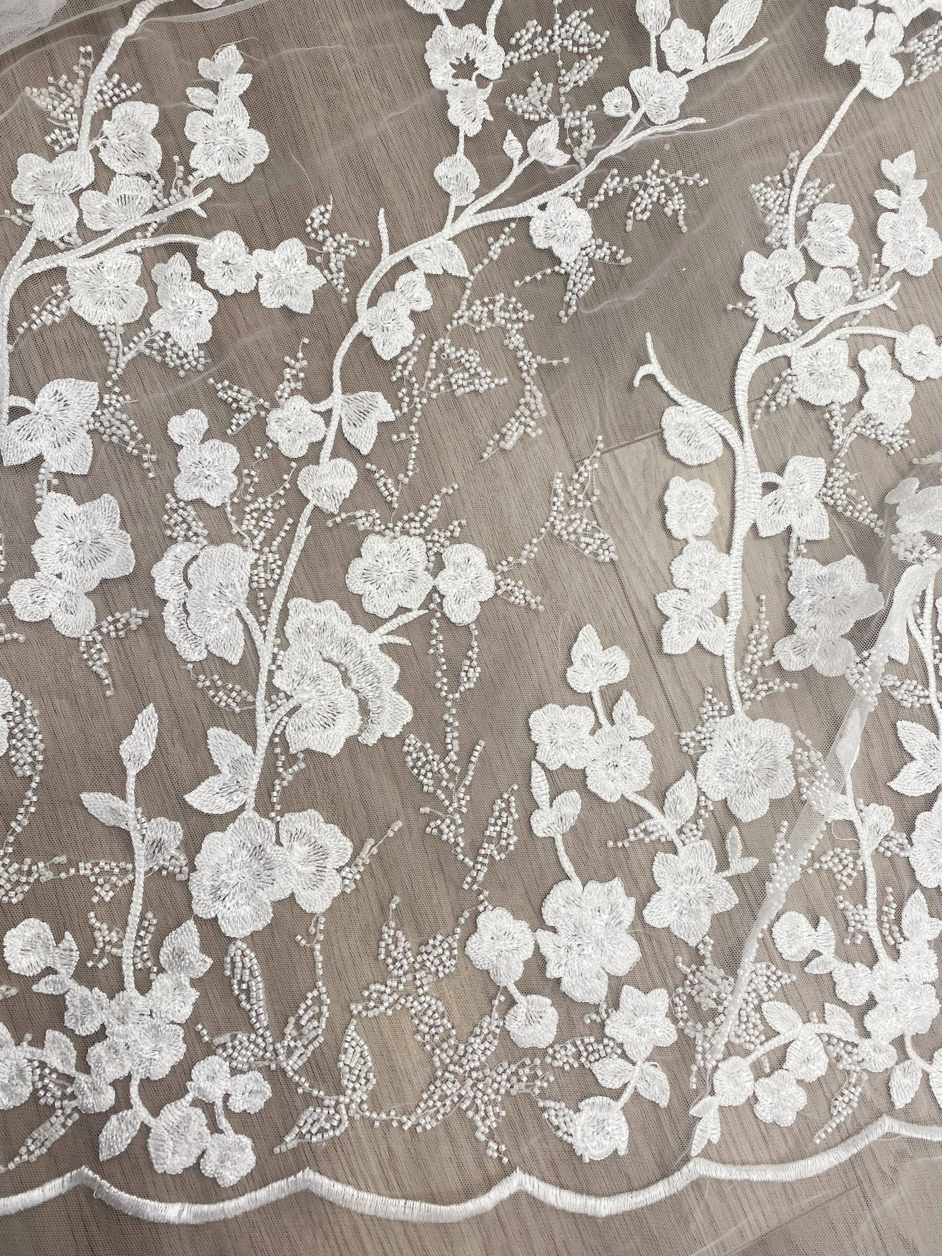 Ivory Beaded Flowers Embroidery Mesh Fabric with Sparkly Sequine Floral Tull Lace for Wedding, Bridal Dress, Veil, Bridal Fabric 