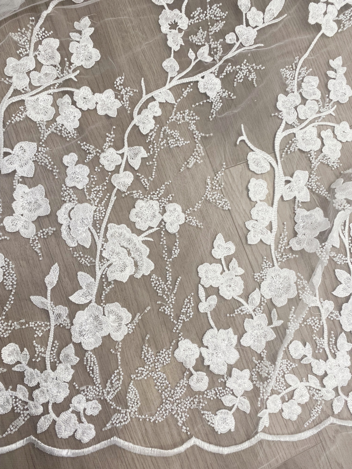 Ivory Beaded Flowers Embroidery Mesh Fabric with Sparkly Sequine Floral Tull Lace for Wedding, Bridal Dress, Veil, Bridal Fabric 