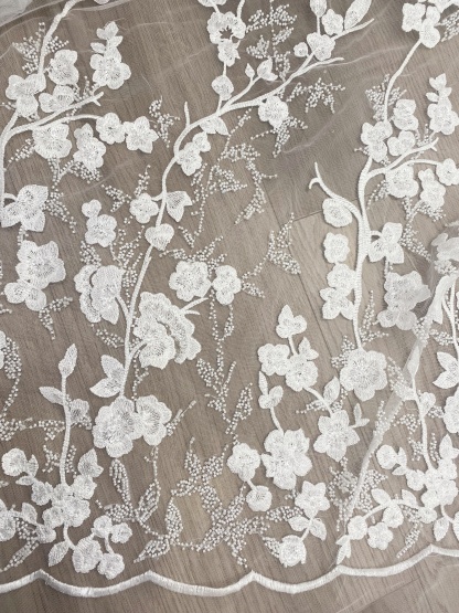 Ivory Beaded Flowers Embroidery Mesh Fabric with Sparkly Sequine Floral Tull Lace for Wedding, Bridal Dress, Veil, Bridal Fabric 