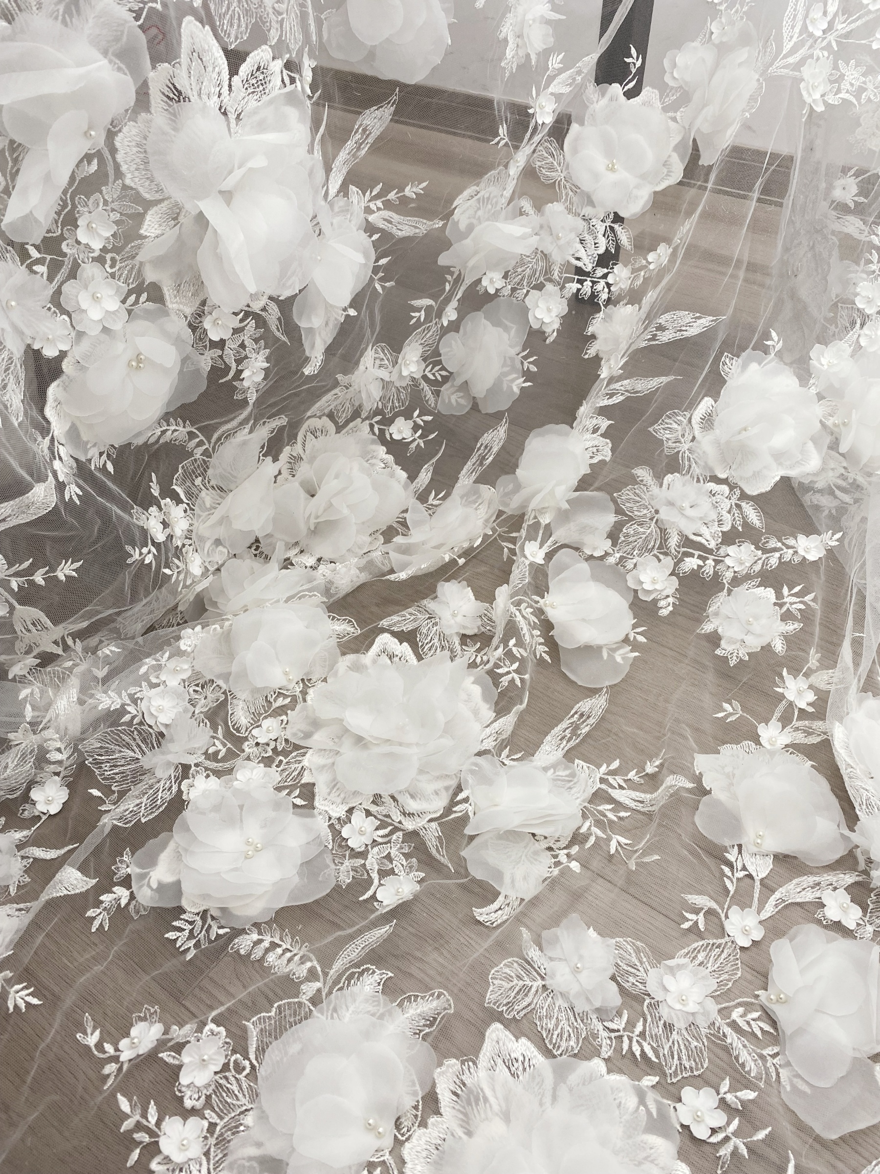 White 3D Floral Embroidery Lace Fabric With Pearls, Soft Tulle lace For Wedding gown, Evening Dresses, Prom-Dress By The Yard