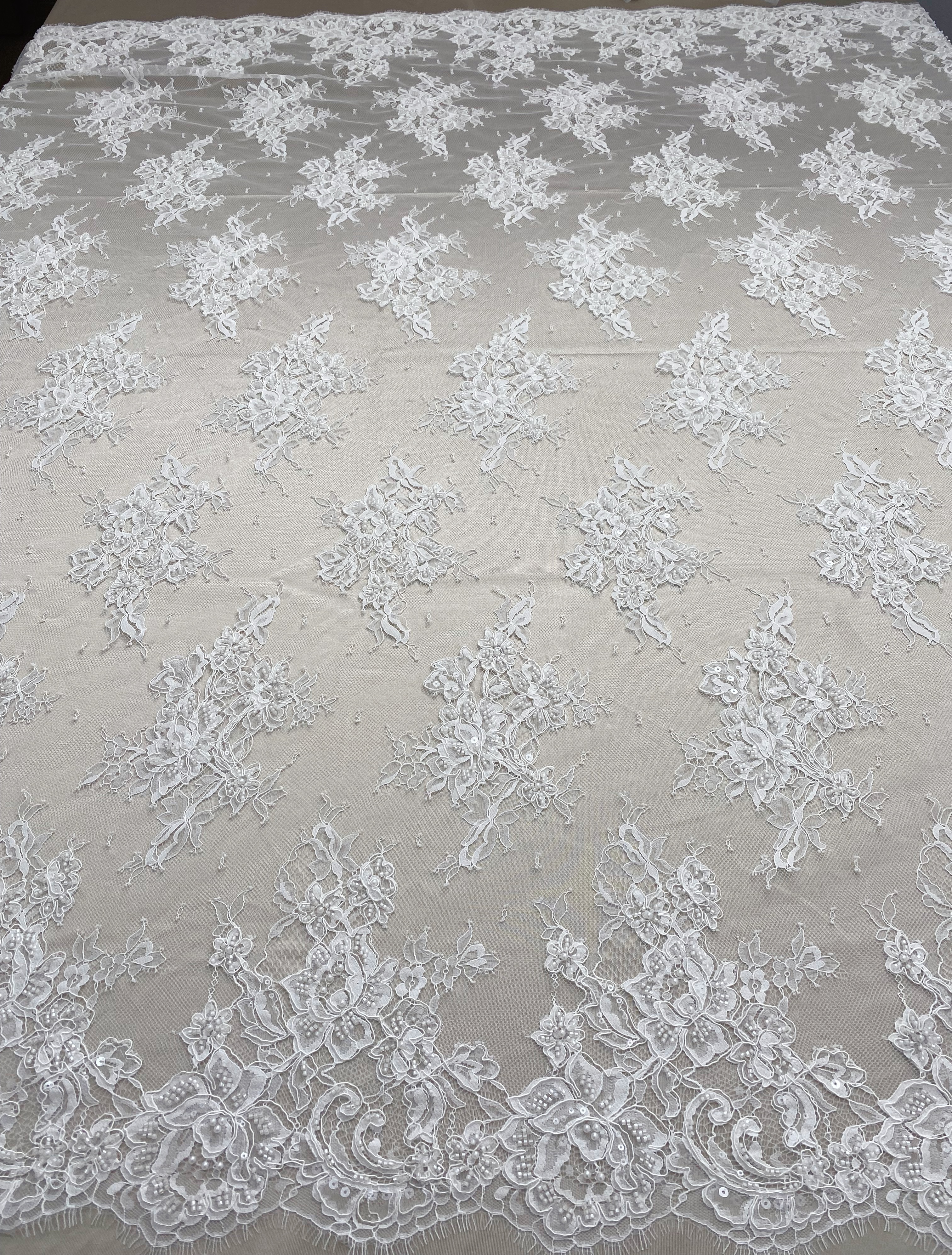 Ivory Beaded Chantilly Lace Fabric for Wedding Dress,Bridal Gown Veil