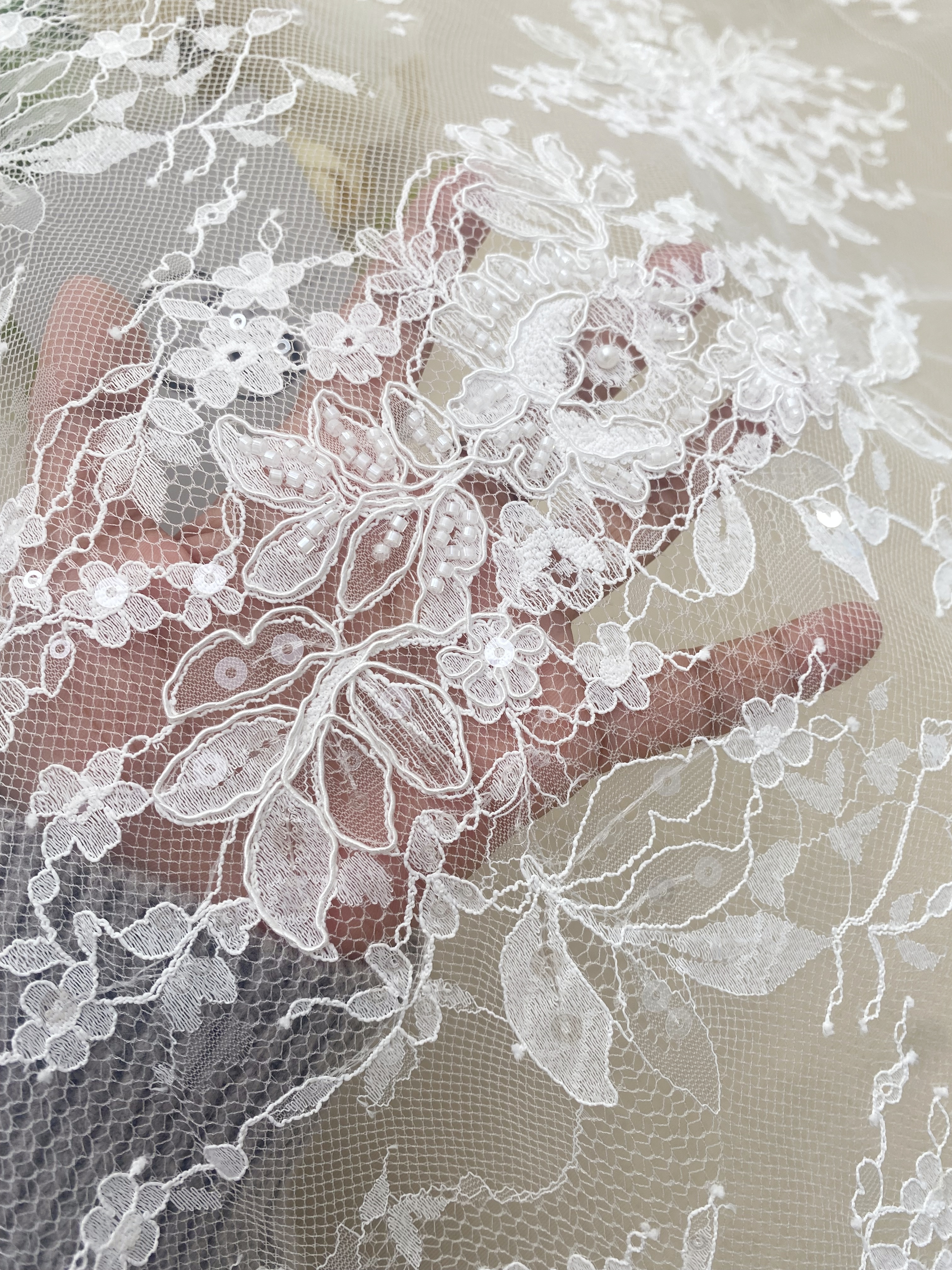 Ivory Beaded Chantilly Lace Fabric for Wedding Dress,Bridal Gown Veil,Sold by 3 Meter