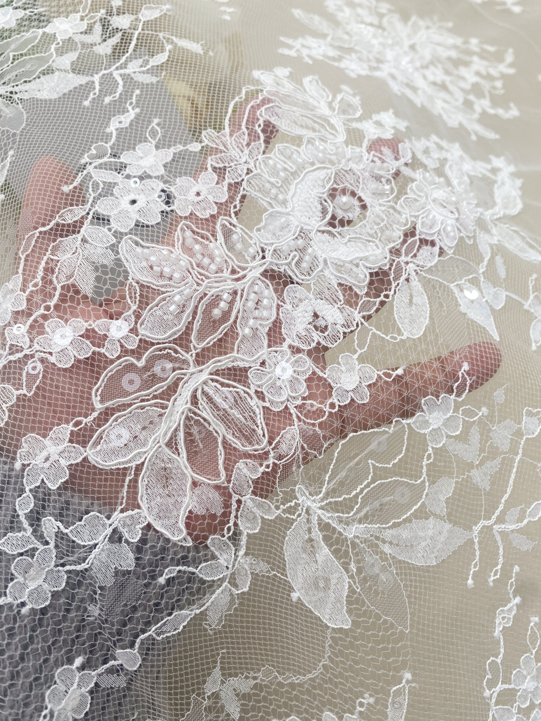 Ivory Beaded Chantilly Lace Fabric for Wedding Dress,Bridal Gown Veil,Sold by 3 Meter