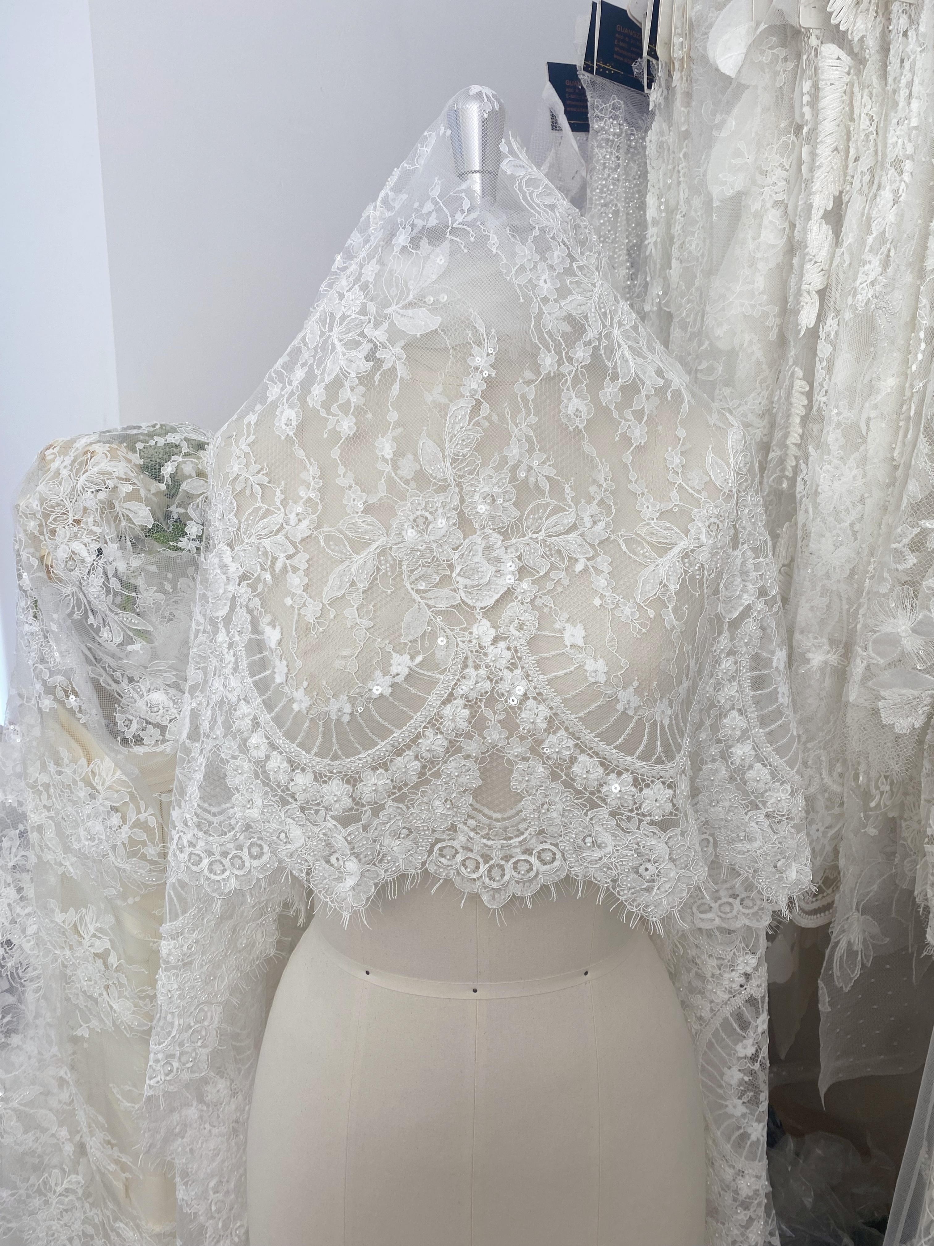 Ivory Beaded Chantilly Lace Fabric for Wedding Dress,Bridal Gown Veil,Sold by 3 Meter