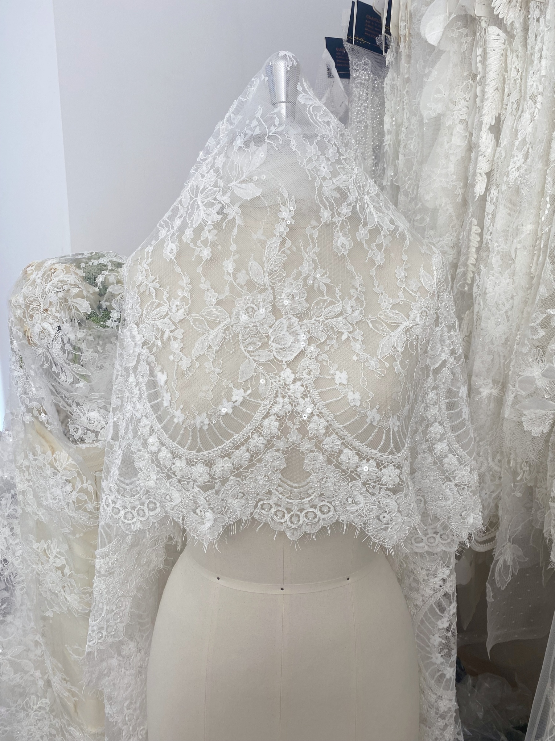 Ivory Beaded Chantilly Lace Fabric for Wedding Dress,Bridal Gown Veil,Sold by 3 Meter