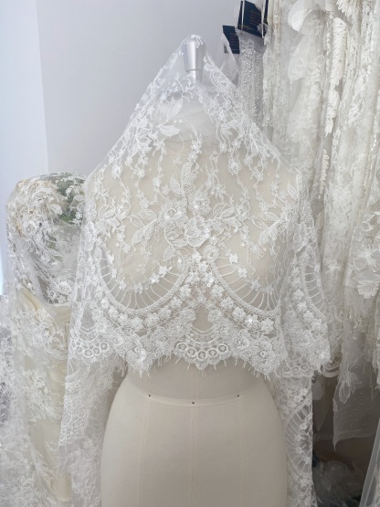 Ivory Beaded Chantilly Lace Fabric for Wedding Dress,Bridal Gown Veil,Sold by 3 Meter