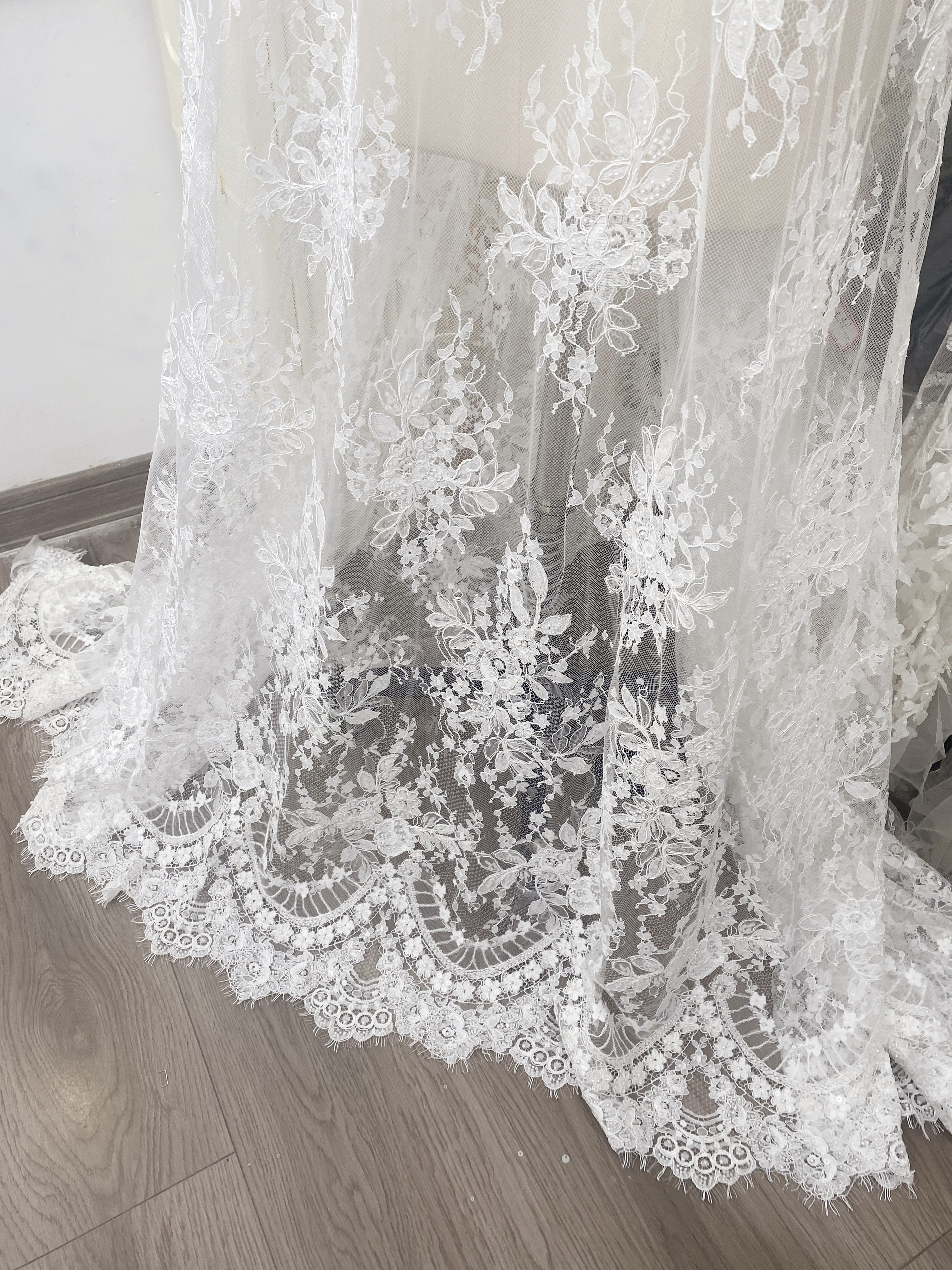 Ivory Beaded Chantilly Lace Fabric for Wedding Dress,Bridal Gown Veil,Sold by 3 Meter