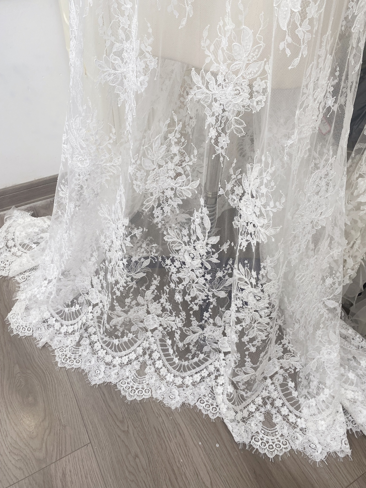 Ivory Beaded Chantilly Lace Fabric for Wedding Dress,Bridal Gown Veil,Sold by 3 Meter
