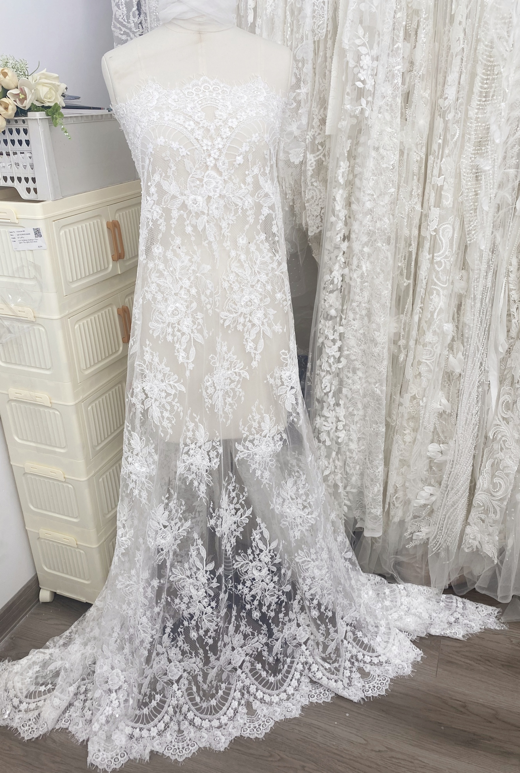 Ivory Beaded Chantilly Lace Fabric for Wedding Dress,Bridal Gown Veil,Sold by 3 Meter