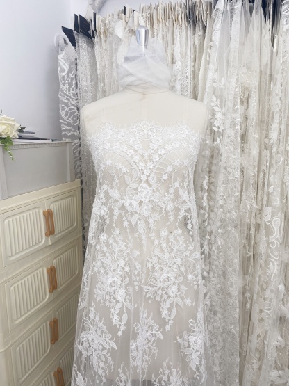 Ivory Beaded Chantilly Lace Fabric for Wedding Dress,Bridal Gown Veil,Sold by 3 Meter