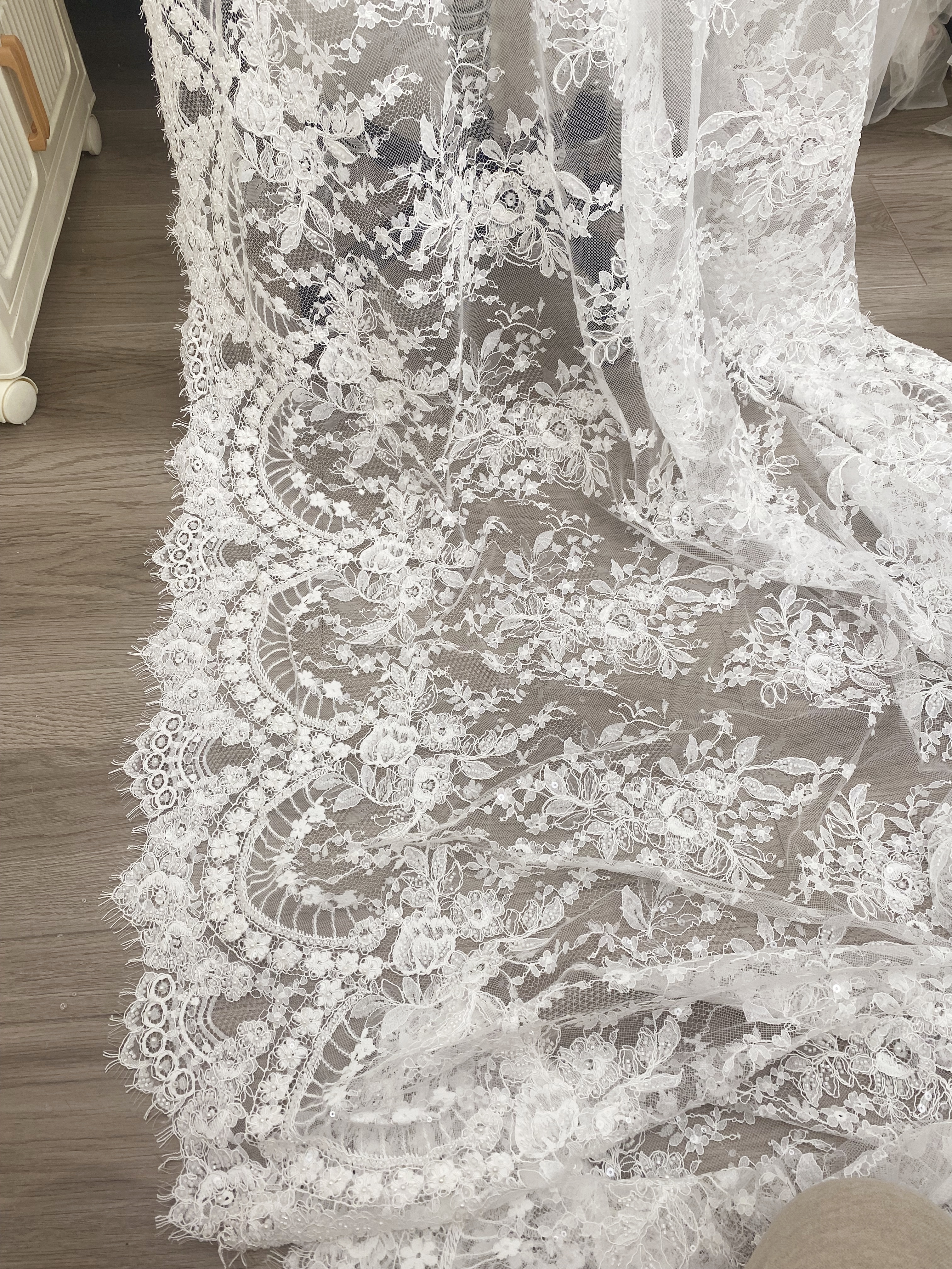 Ivory Beaded Chantilly Lace Fabric for Wedding Dress,Bridal Gown Veil,Sold by 3 Meter