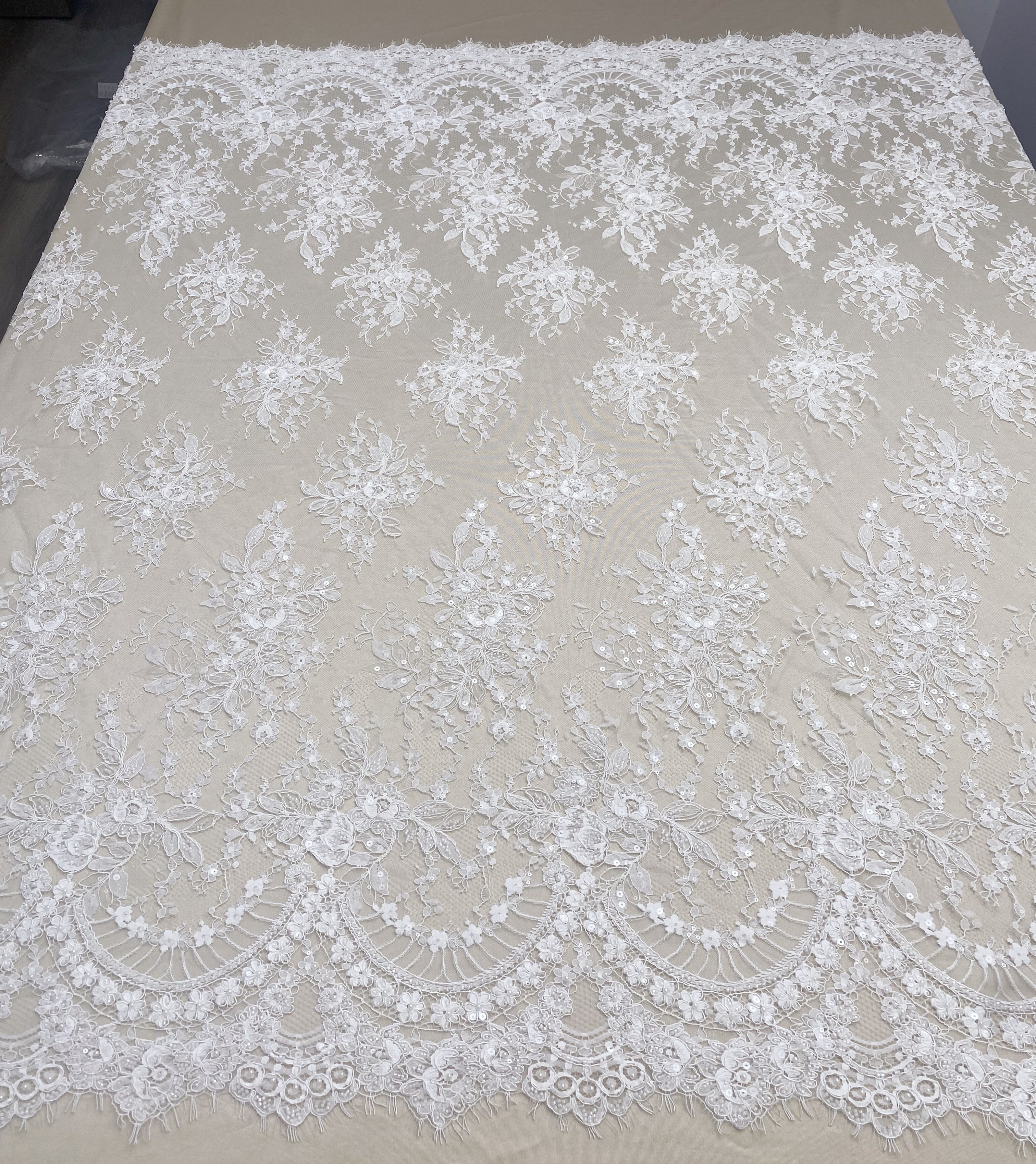 Ivory Beaded Chantilly Lace Fabric for Wedding Dress,Bridal Gown Veil,Sold by 3 Meter