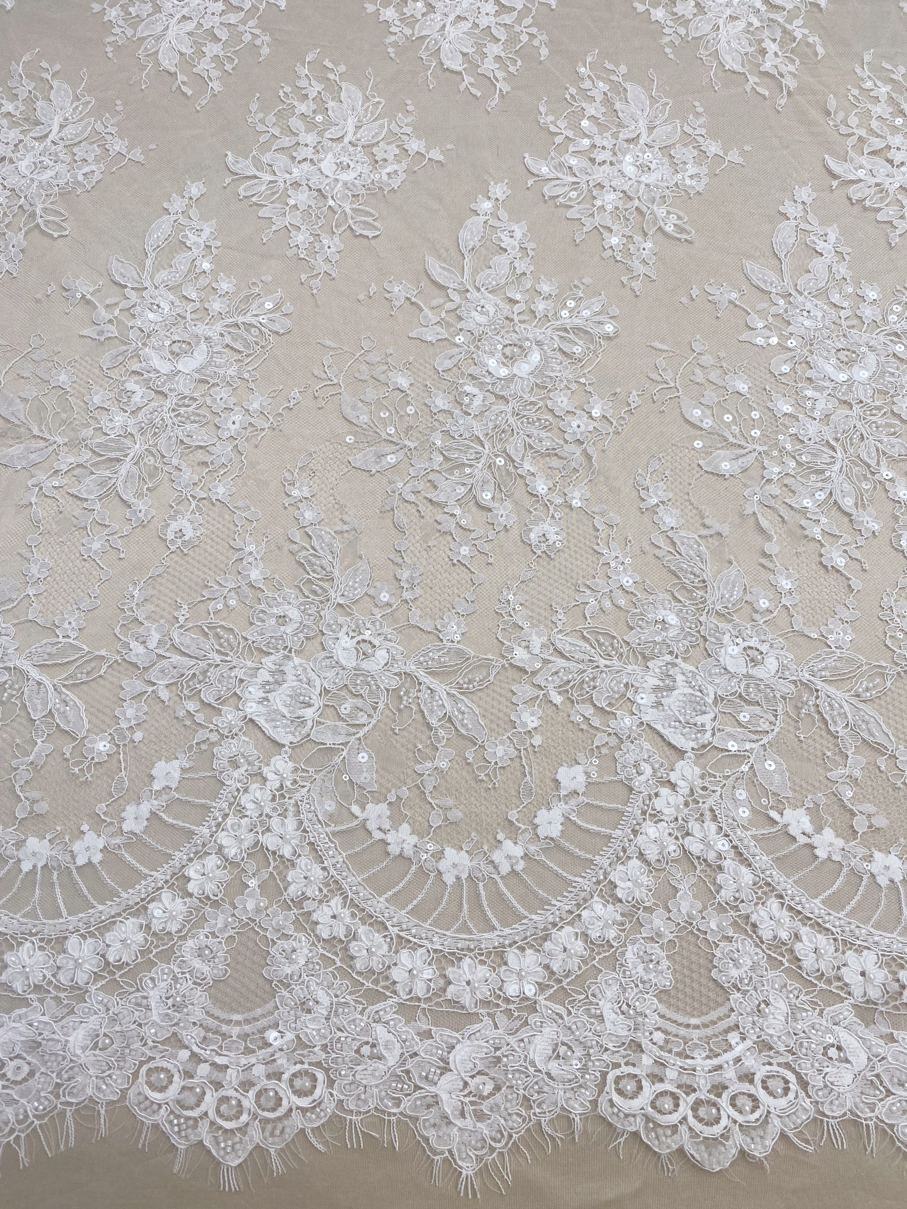 Ivory Beaded Chantilly Lace Fabric for Wedding Dress,Bridal Gown Veil,Sold by 3 Meter