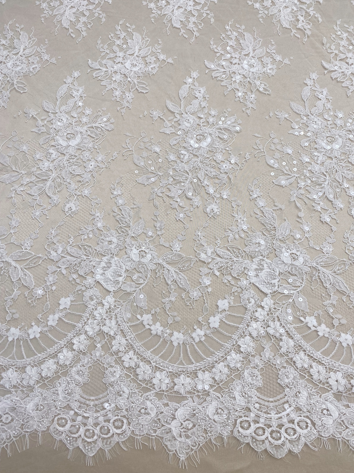Ivory Beaded Chantilly Lace Fabric for Wedding Dress,Bridal Gown Veil,Sold by 3 Meter