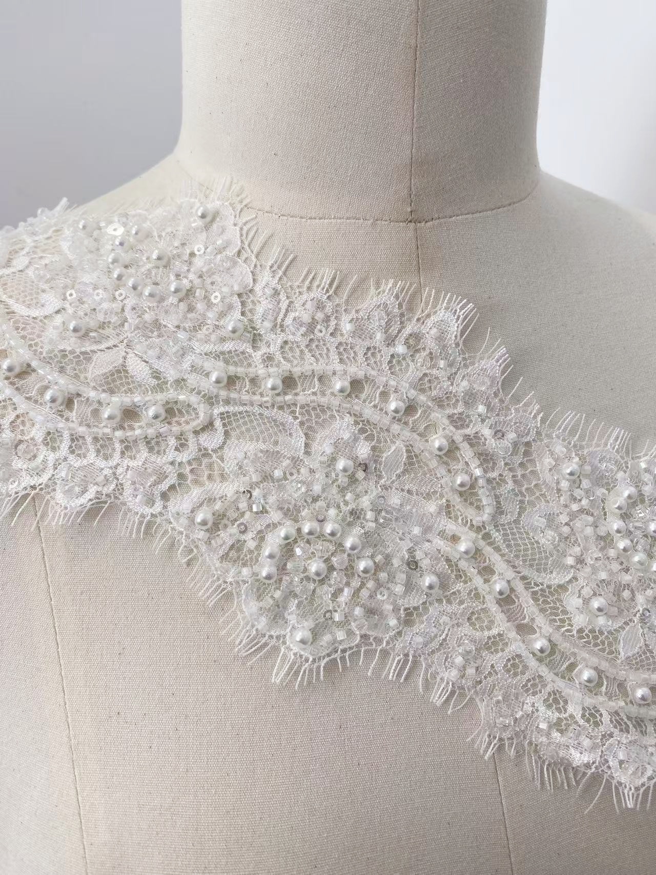 Chantilly Lace Trim with Pearls, White French Eyelash Lace Fabric for Bridal Veil, Beaded Embroidery Lace Tirm, Sold as 3-Meters Piece