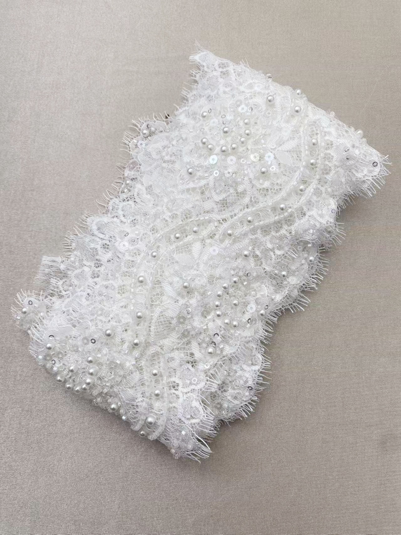 Chantilly Lace Trim with Pearls, White French Eyelash Lace Fabric for Bridal Veil, Beaded Embroidery Lace Tirm, Sold as 3-Meters Piece