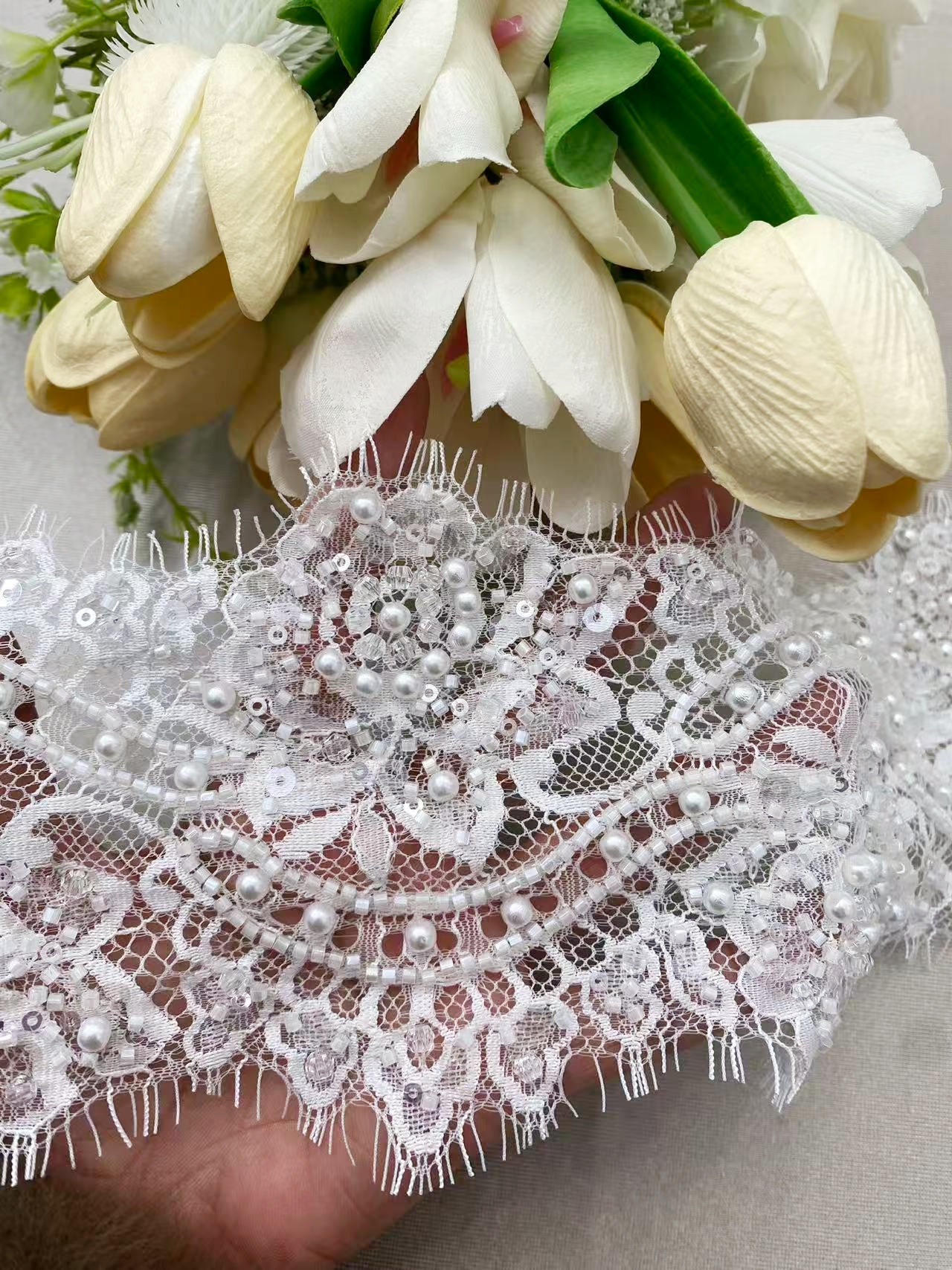 Chantilly Lace Trim with Pearls, White French Eyelash Lace Fabric for Bridal Veil, Beaded Embroidery Lace Tirm, Sold as 3-Meters Piece