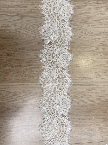 Chantilly Lace Trim with Pearls, White French Eyelash Lace Fabric for Bridal Veil, Beaded Embroidery Lace Tirm, Sold as 3-Meters Piece
