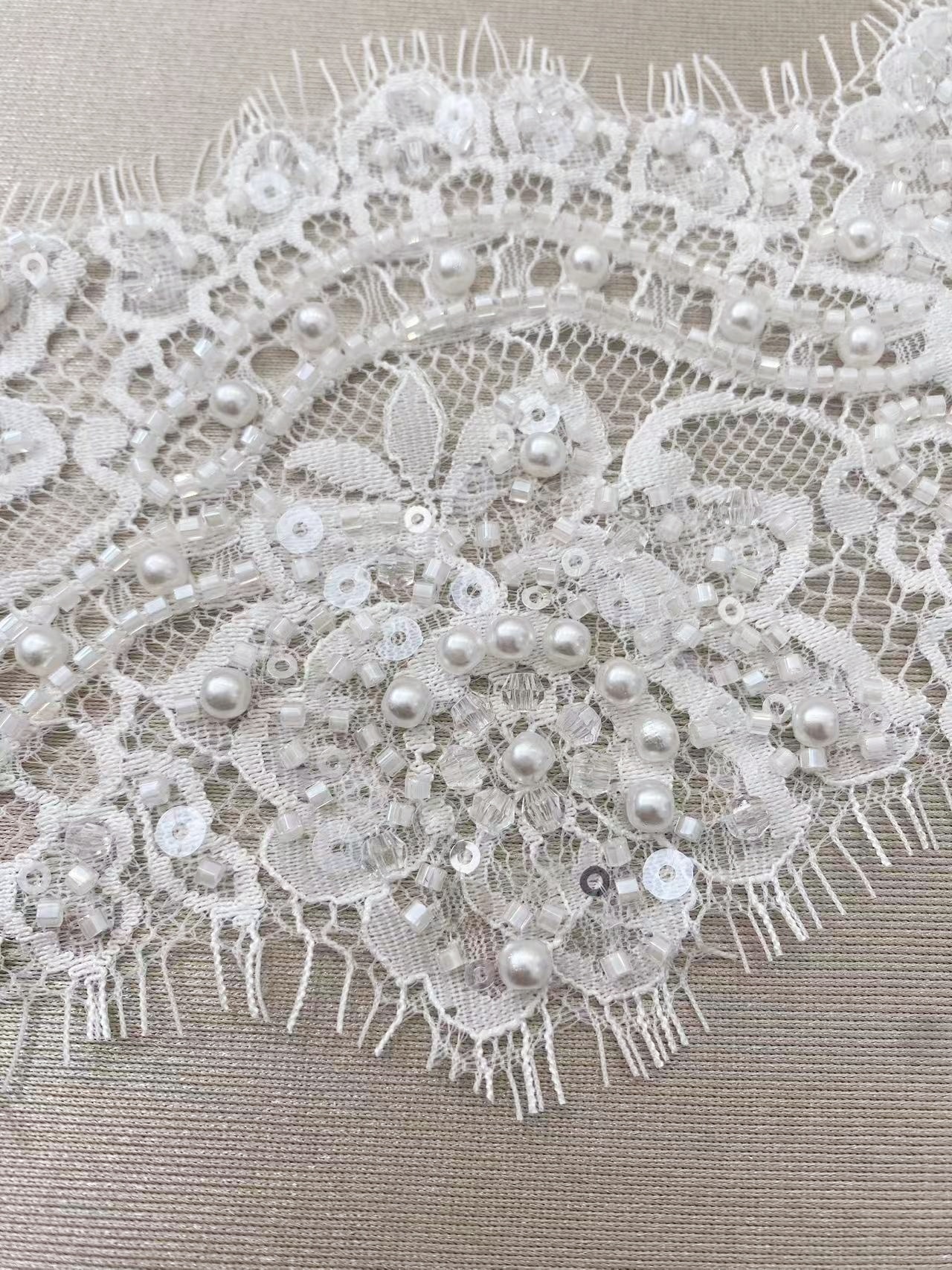 Chantilly Lace Trim with Pearls, White French Eyelash Lace Fabric for Bridal Veil, Beaded Embroidery Lace Tirm, Sold as 3-Meters Piece