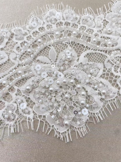 Chantilly Lace Trim with Pearls, White French Eyelash Lace Fabric for Bridal Veil, Beaded Embroidery Lace Tirm, Sold as 3-Meters Piece
