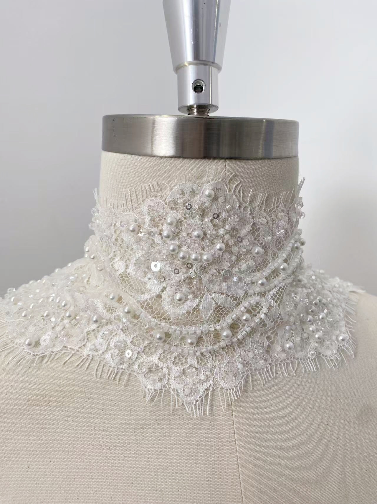 Chantilly Lace Trim with Pearls, White French Eyelash Lace Fabric for Bridal Veil, Beaded Embroidery Lace Tirm, Sold as 3-Meters Piece