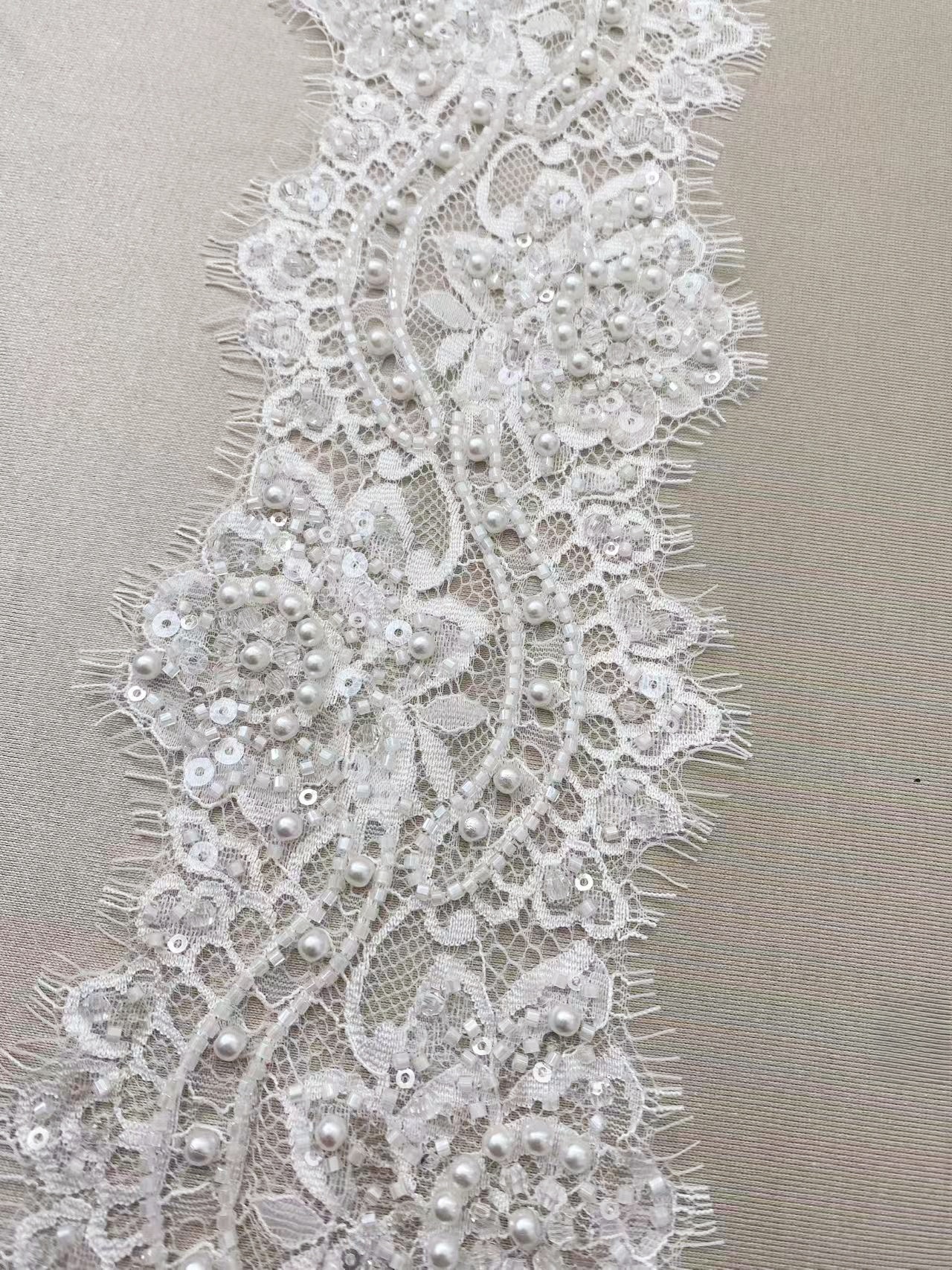Chantilly Lace Trim with Pearls, White French Eyelash Lace Fabric for Bridal Veil, Beaded Embroidery Lace Tirm, Sold as 3-Meters Piece
