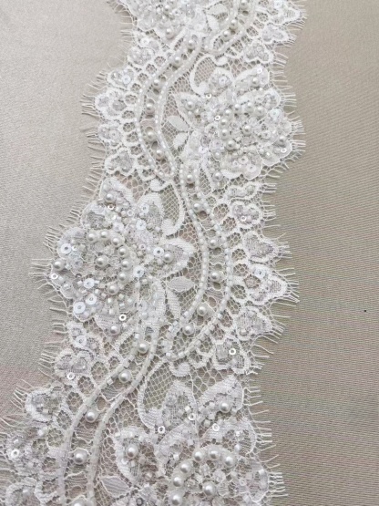 Chantilly Lace Trim with Pearls, White French Eyelash Lace Fabric for Bridal Veil, Beaded Embroidery Lace Tirm, Sold as 3-Meters Piece