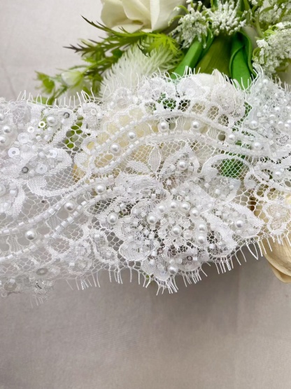 Chantilly Lace Trim with Pearls, White French Eyelash Lace Fabric for Bridal Veil, Beaded Embroidery Lace Tirm, Sold as 3-Meters Piece