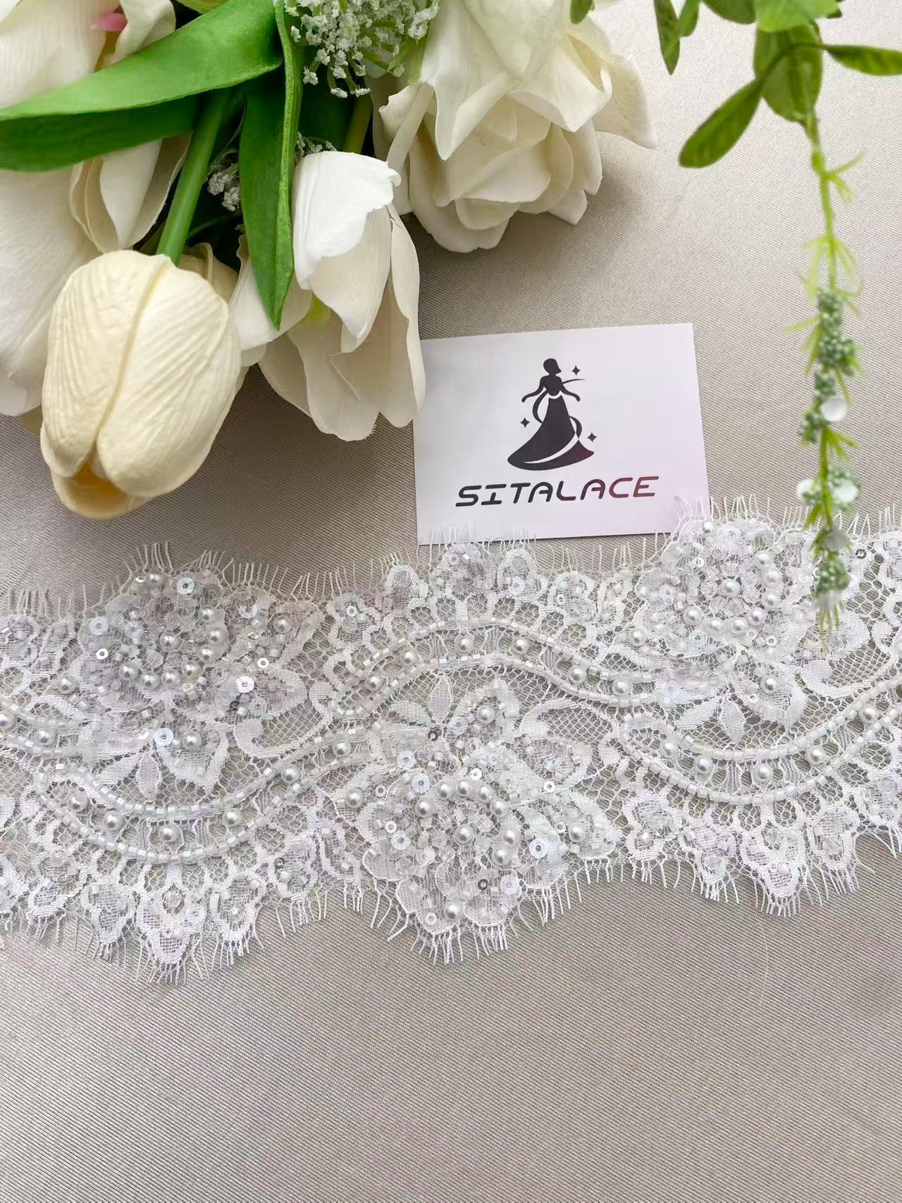 Chantilly Lace Trim with Pearls, White French Eyelash Lace Fabric for Bridal Veil, Beaded Embroidery Lace Tirm, Sold as 3-Meters Piece