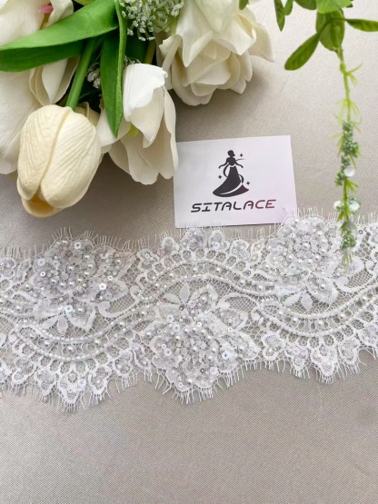 Chantilly Lace Trim with Pearls, White French Eyelash Lace Fabric for Bridal Veil, Beaded Embroidery Lace Tirm, Sold as 3-Meters Piece