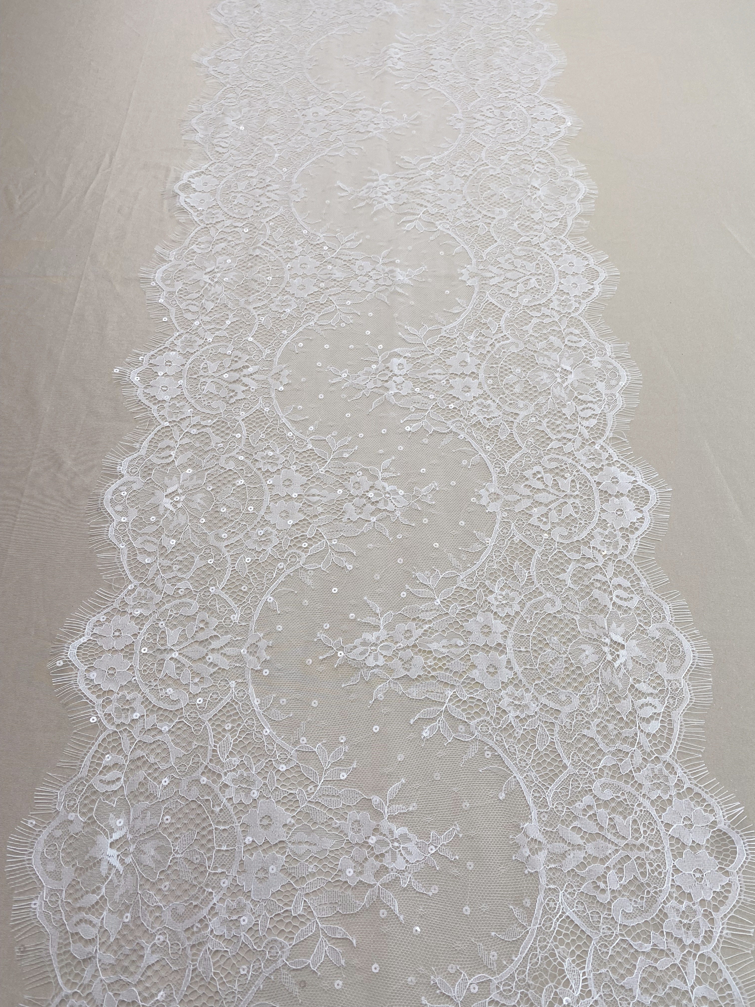 3 Meters French Chantilly Lace Trims with Double Side Scalloped, Sequins Lace Trim, Bridal Veil Lace Fabric