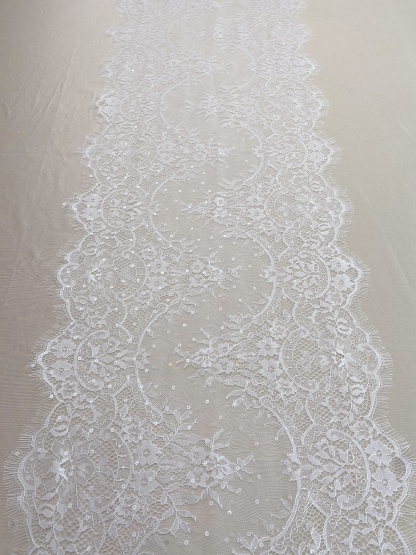 3 Meters French Chantilly Lace Trims with Double Side Scalloped, Sequins Lace Trim, Bridal Veil Lace Fabric