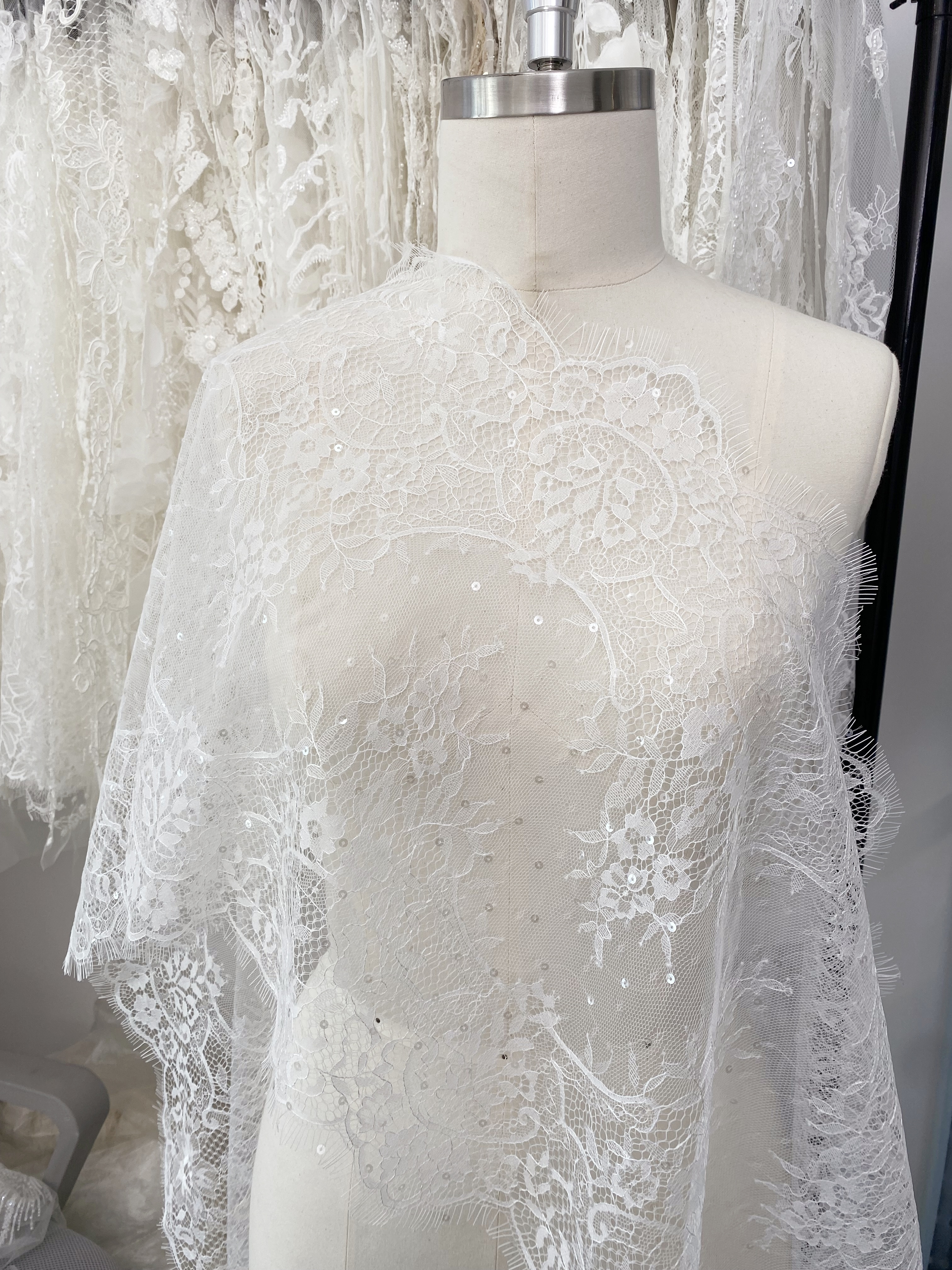 3 Meters French Chantilly Lace Trims with Double Side Scalloped, Sequins Lace Trim, Bridal Veil Lace Fabric