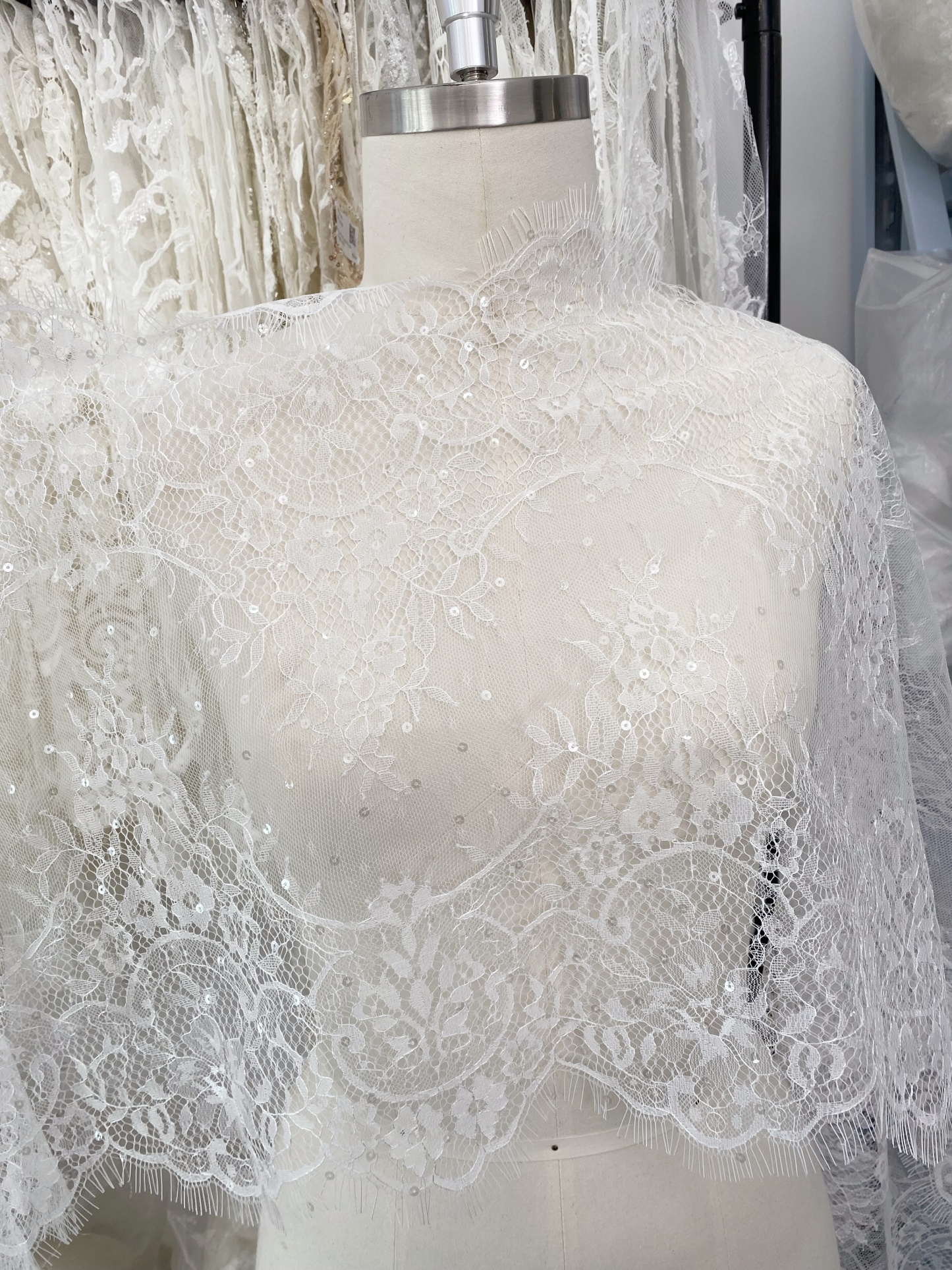 3 Meters French Chantilly Lace Trims with Double Side Scalloped, Sequins Lace Trim, Bridal Veil Lace Fabric