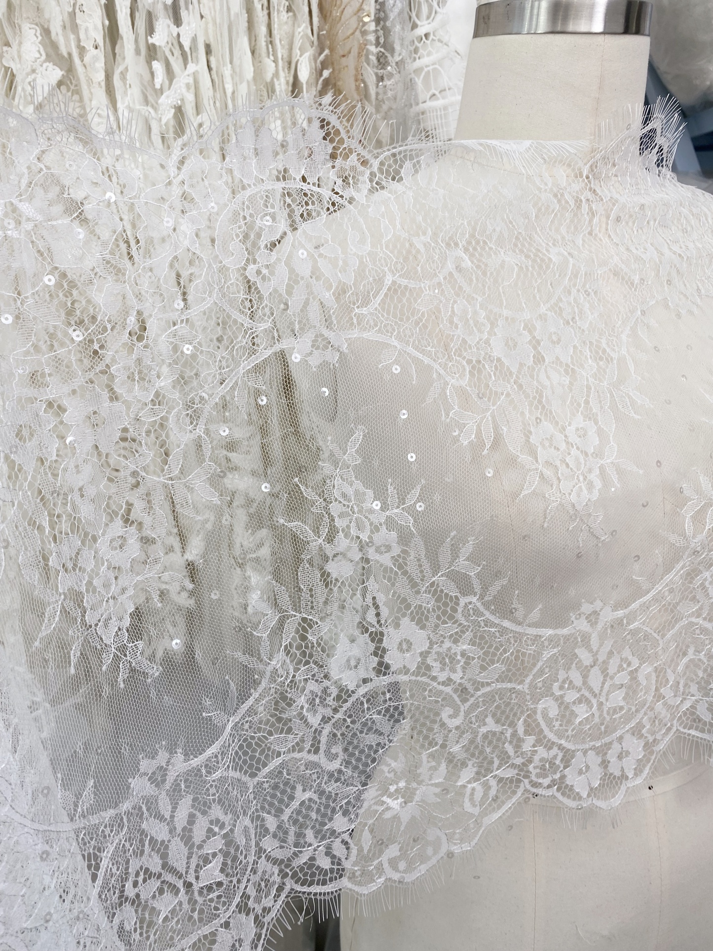 3 Meters French Chantilly Lace Trims with Double Side Scalloped, Sequins Lace Trim, Bridal Veil Lace Fabric