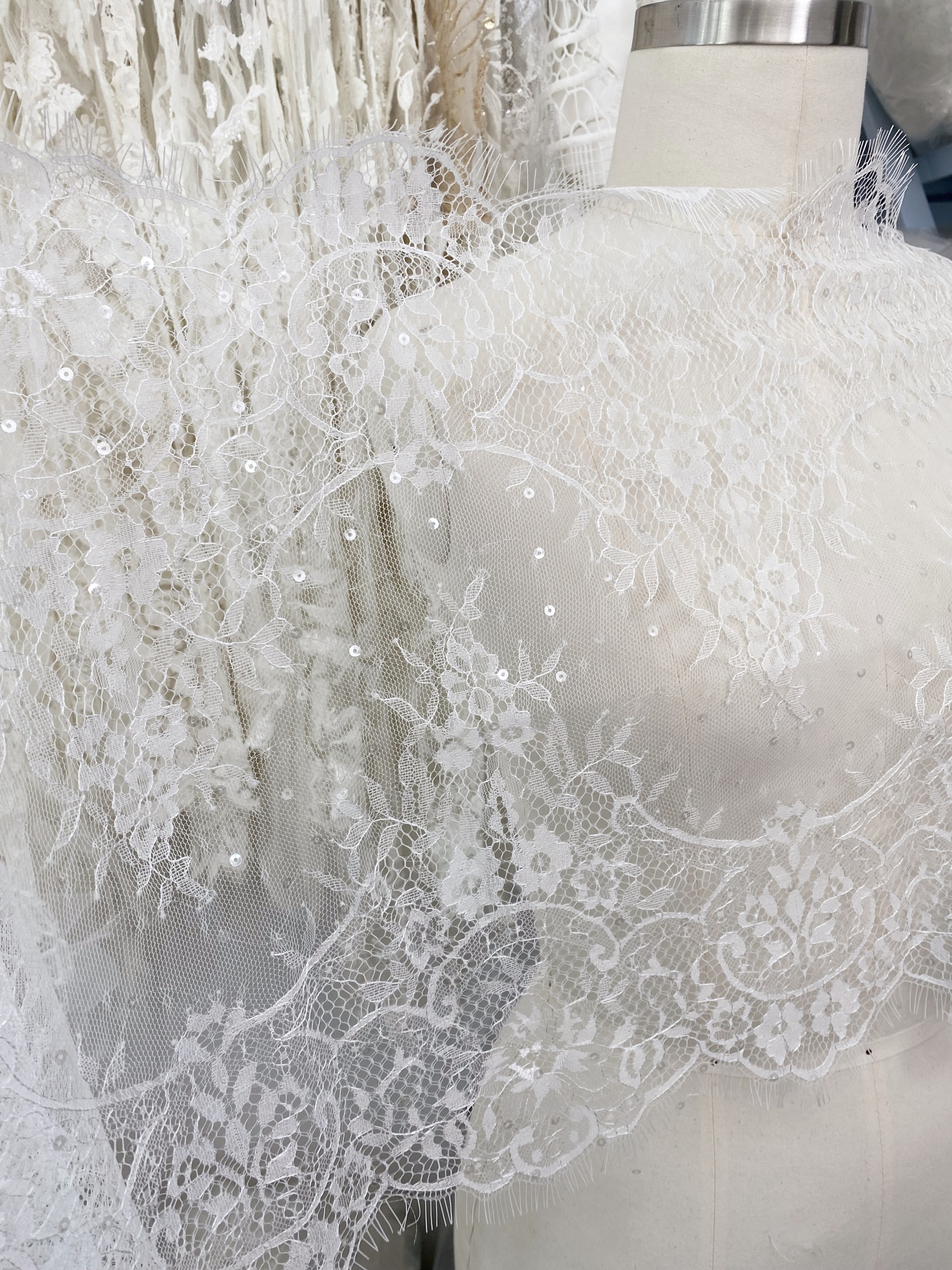 3 Meters French Chantilly Lace Trims with Double Side Scalloped, Sequins Lace Trim, Bridal Veil Lace Fabric