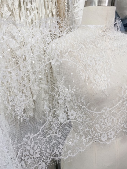 3 Meters French Chantilly Lace Trims with Double Side Scalloped, Sequins Lace Trim, Bridal Veil Lace Fabric