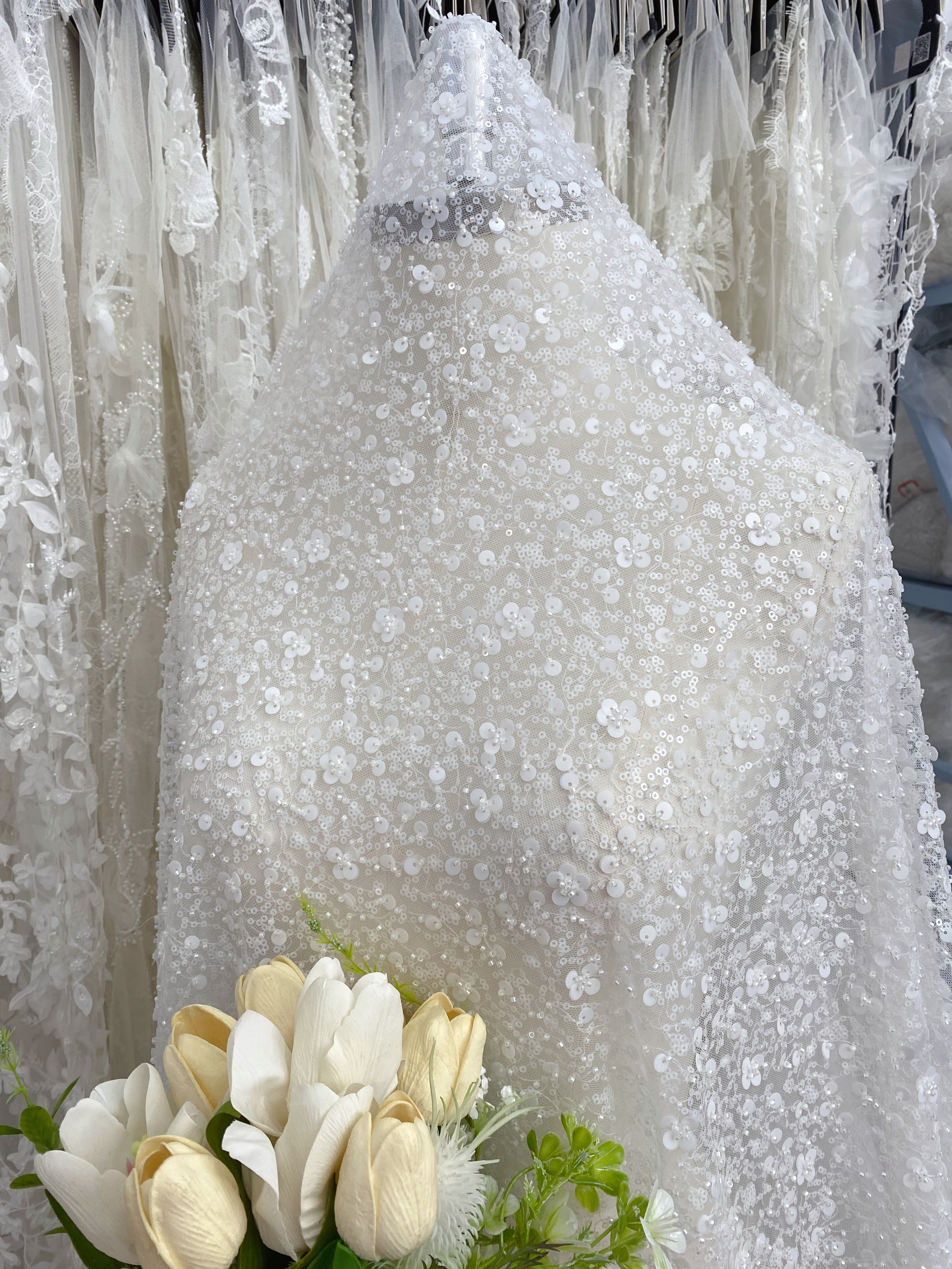 Clearance Sale-Heavy Sequin Lace Fabric by the Yard, Bridal Tulle Material for Wedding Dress, Gown, DIY Wedding Fabric