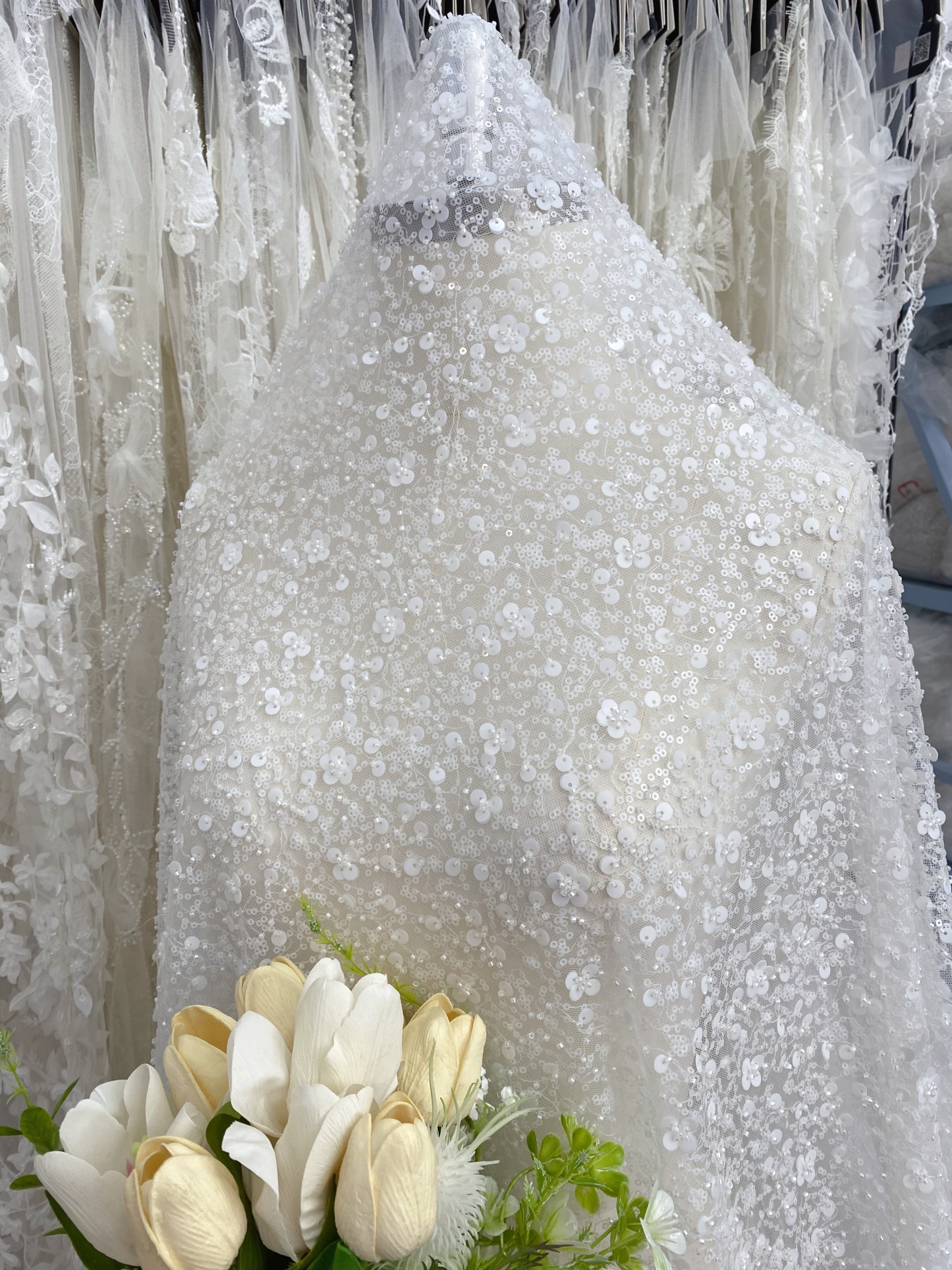Clearance Sale-Heavy Sequin Lace Fabric by the Yard, Bridal Tulle Material for Wedding Dress, Gown, DIY Wedding Fabric
