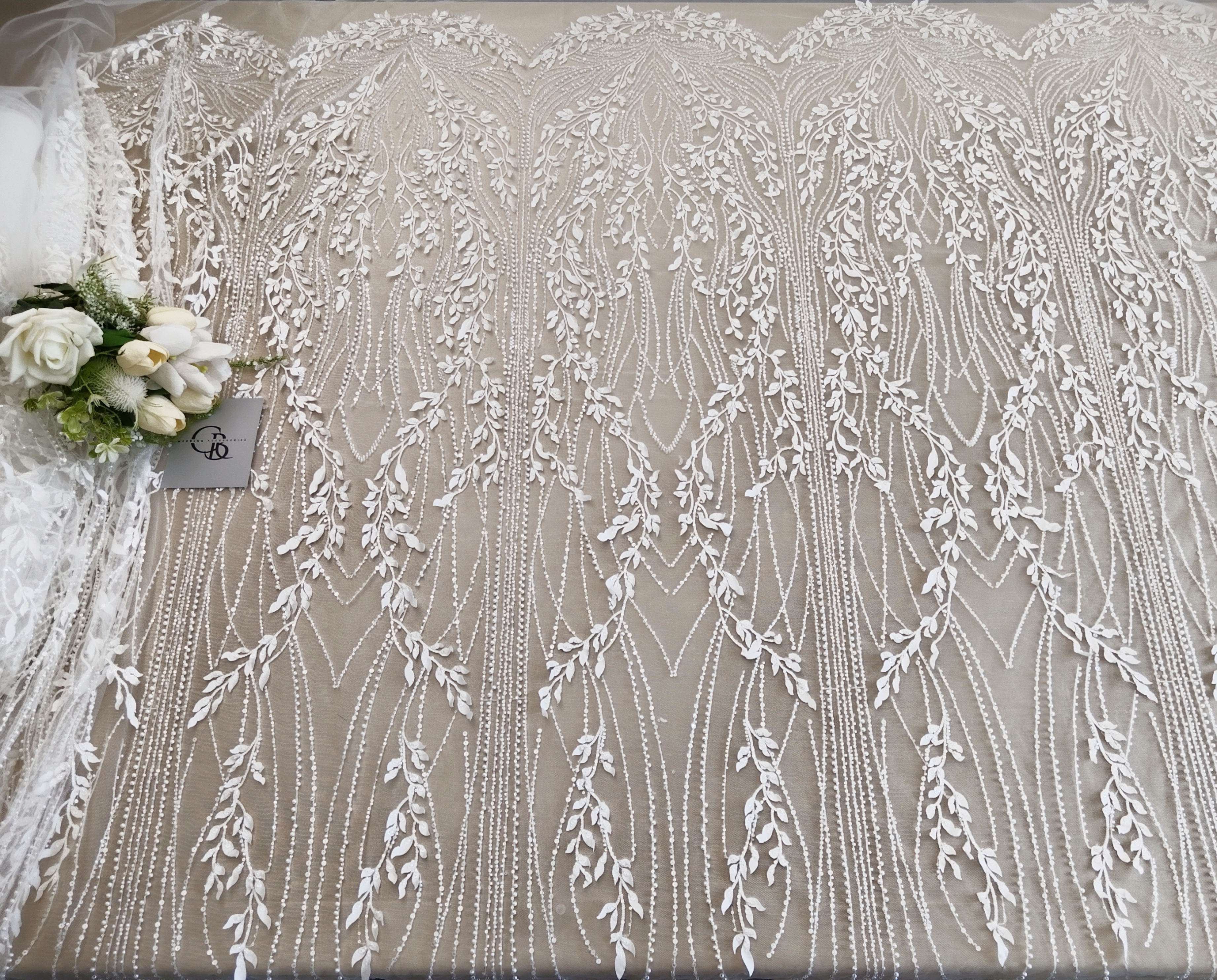 Luxury 3D Leaves Embroidered Tulle Fabric with Sequins and Pearls for Wedding Dress, Bridal Party Gown, White Lace by the Yard
