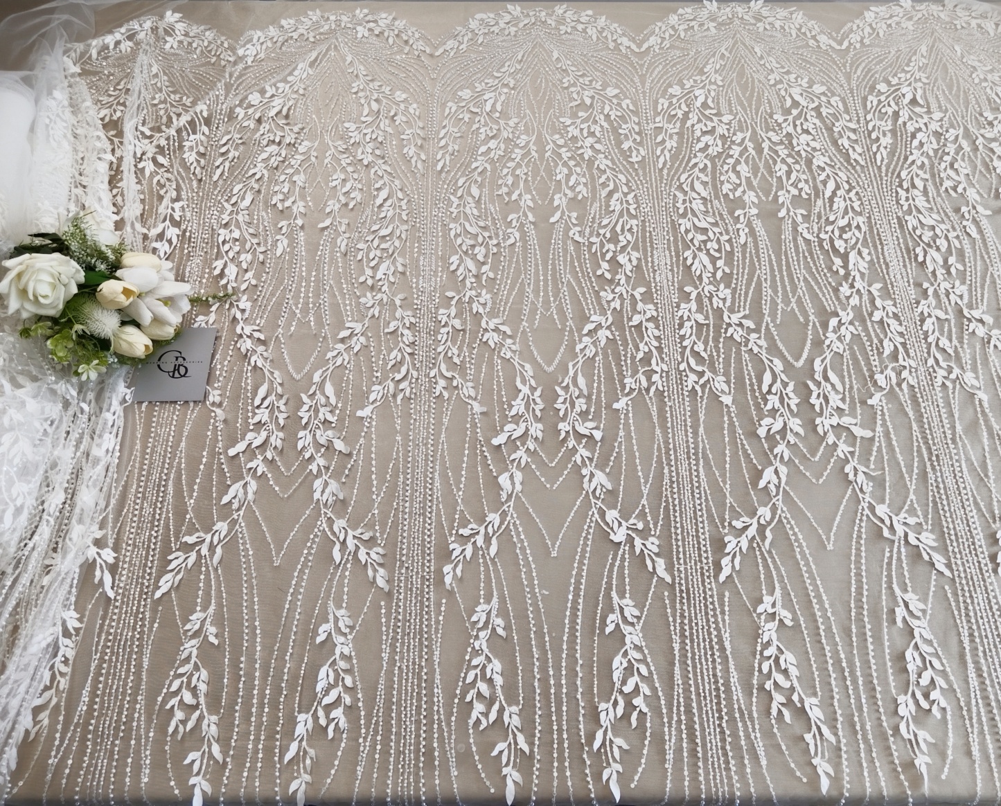 Luxury 3D Leaves Embroidered Tulle Fabric with Sequins and Pearls for Wedding Dress, Bridal Party Gown, White Lace by the Yard