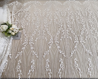 Luxury 3D Leaves Embroidered Tulle Fabric with Sequins and Pearls for Wedding Dress, Bridal Party Gown, White Lace by the Yard